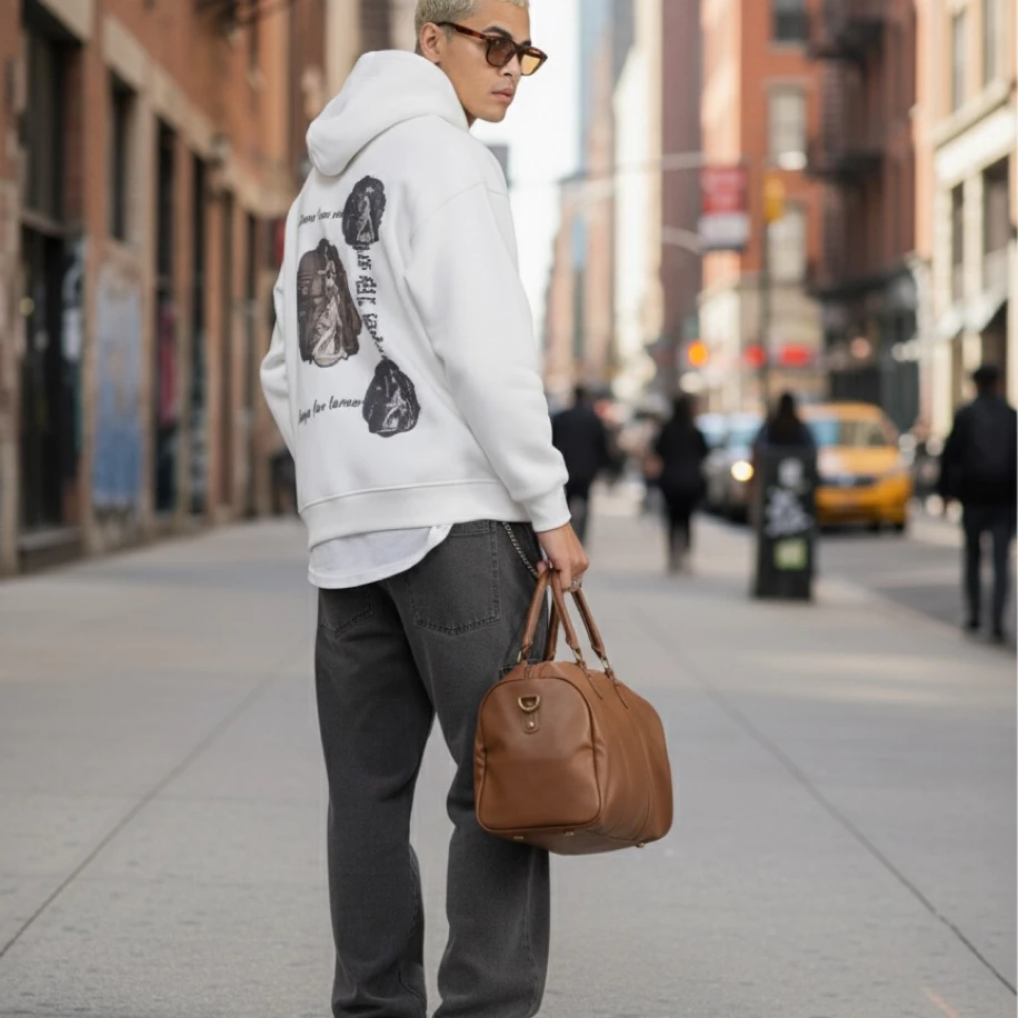 UNISEX BEYAZ SIRT TASARIMLI NAKIŞ İŞLEMELİ OVERSİZE KAPŞONLU SWEATSHİRT