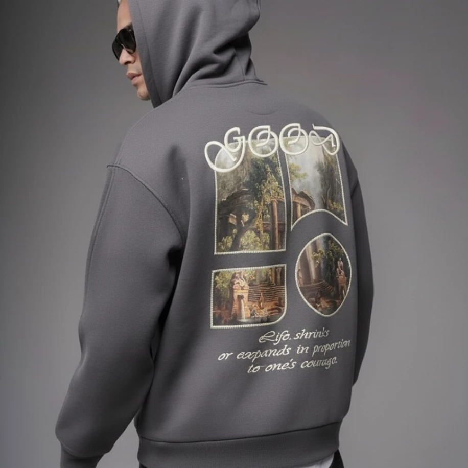 UNISEX ANTRASİT SIRT TASARIMLI NAKIŞ İŞLEMELİ OVERSİZE KAPŞONLU SWEATSHİRT