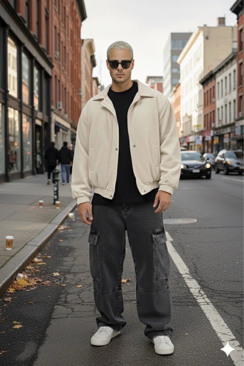 UNİSEX OVERSİZE BEJ RENGİ BOMBER KADİFE CEKET  