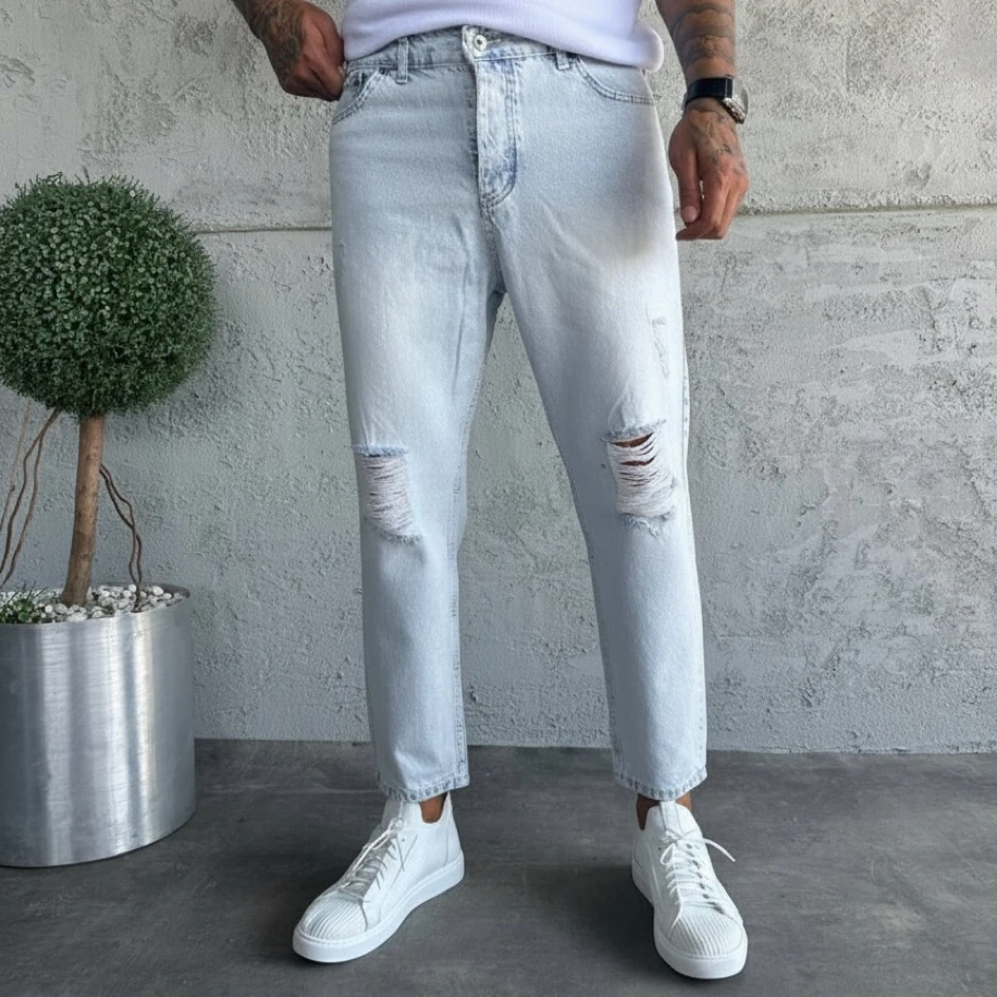 BUZ MAVİSİ RENK DİZ YIRTIK DETAYLI BOYFRİEND JEANS PANTOLON