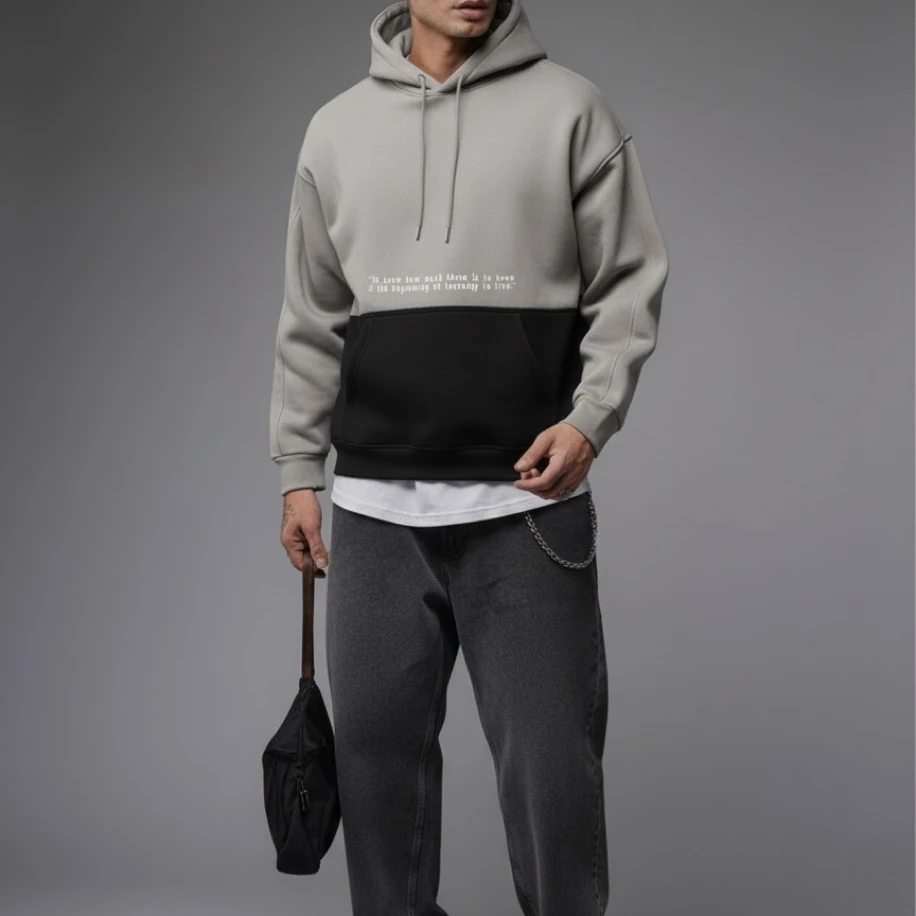 UNISEX SİYAH GRİ SIRT TASARIMLI NAKIŞ İŞLEMELİ OVERSİZE KAPŞONLU SWEATSHİRT