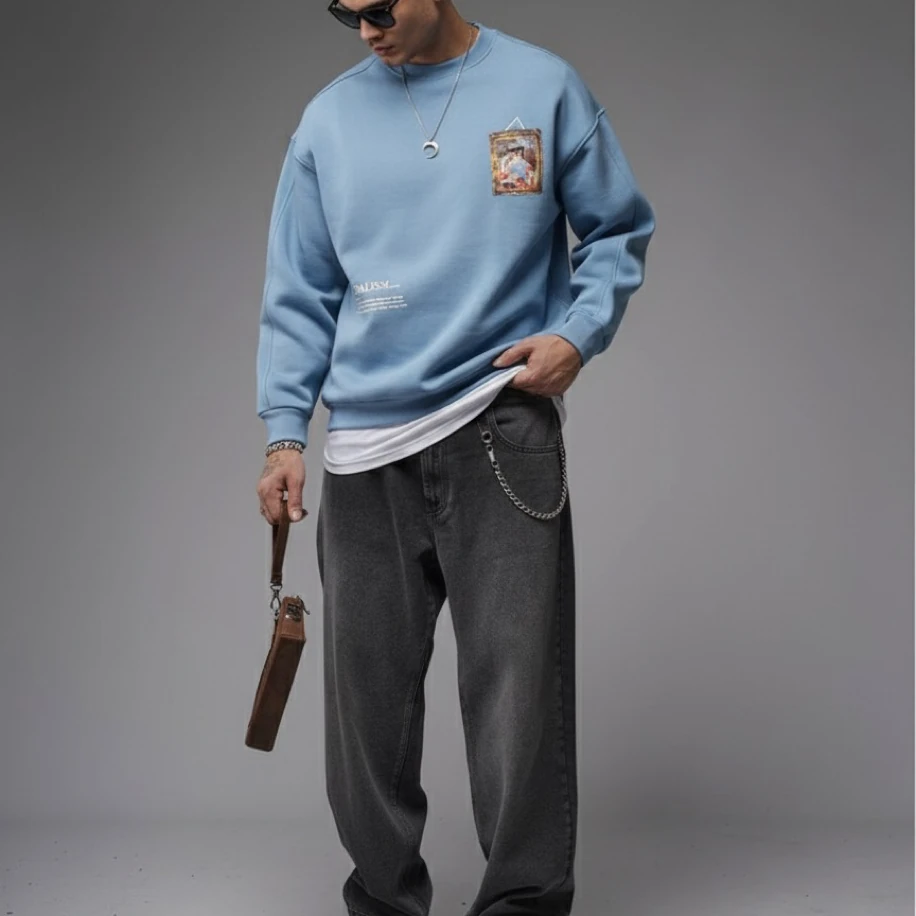 UNISEX MAVİ SIRT TABLO TASARIMLI OVERSİZE SWEATSHİRT