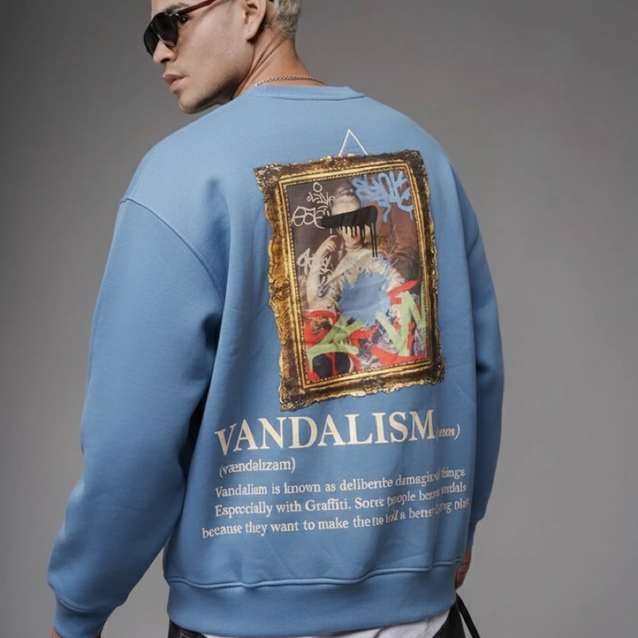 UNISEX MAVİ SIRT TABLO TASARIMLI OVERSİZE SWEATSHİRT