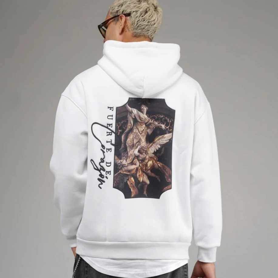 UNISEX BEYAZ SIRT TASARIMLI NAKIŞ İŞLEMELİ OVERSİZE KAPŞONLU SWEATSHİRT