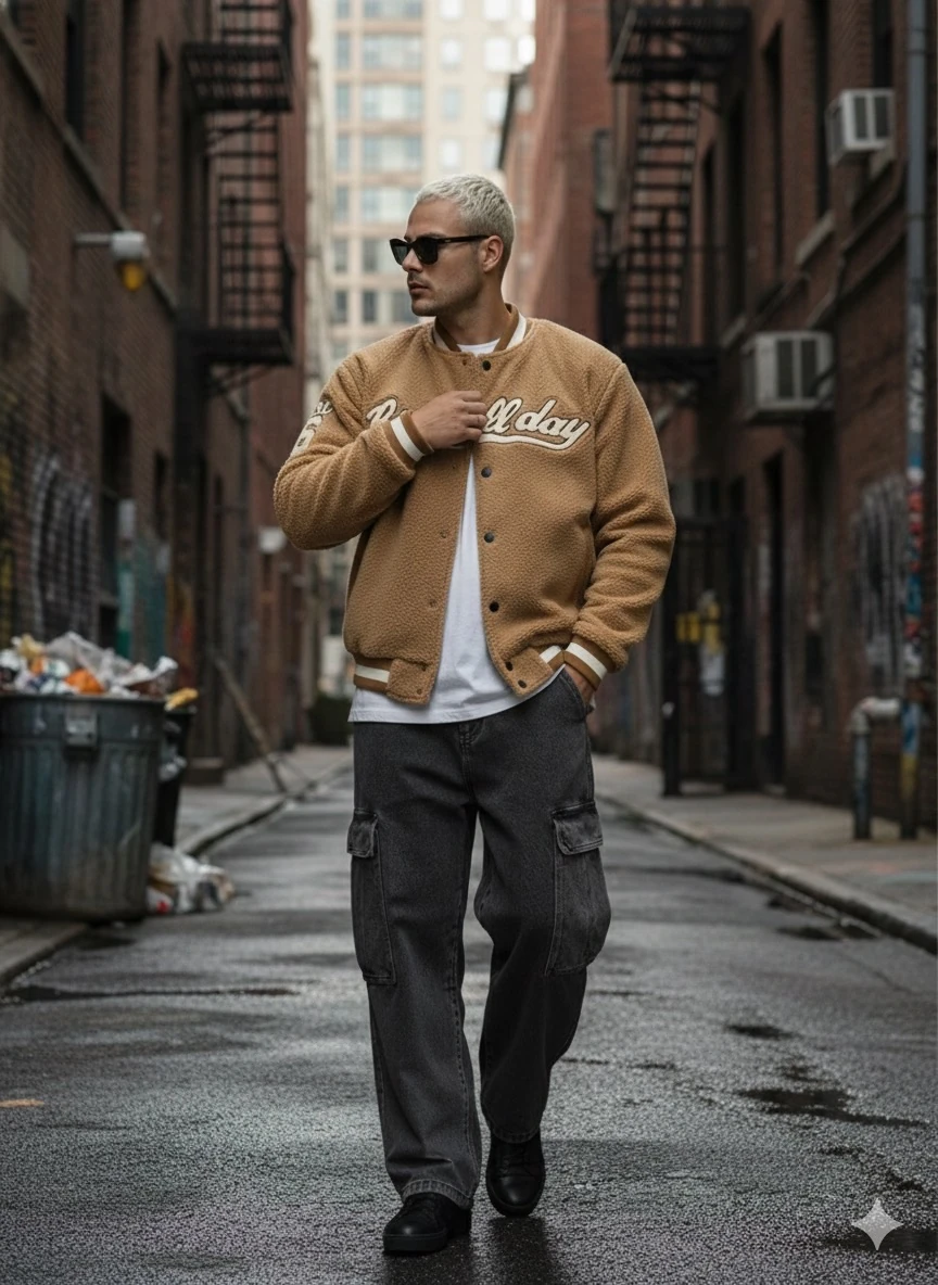 OVERSİZE KAHVE RENK KUMAŞI PAMUKLU POLARLI KOLEJ CEKET 