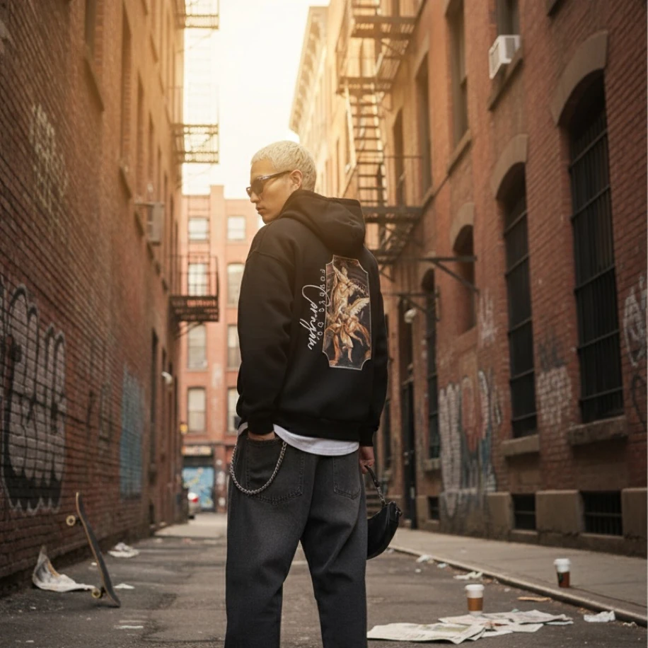 UNISEX SİYAH SIRT TASARIMLI NAKIŞ İŞLEMELİ OVERSİZE KAPŞONLU SWEATSHİRT