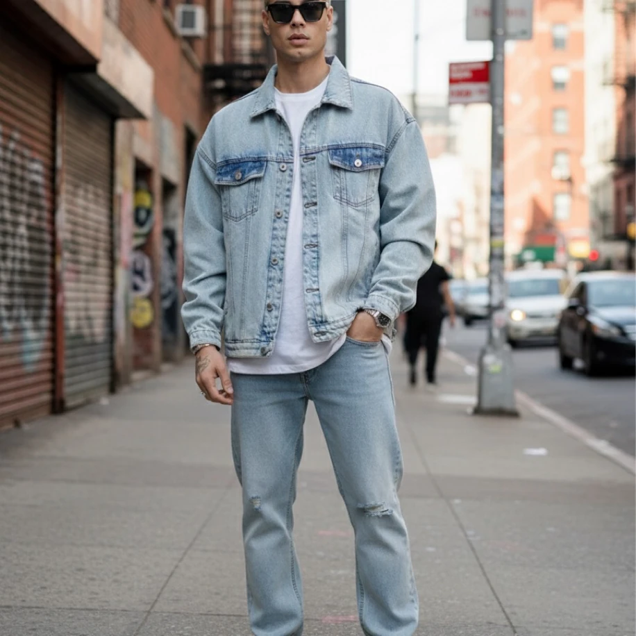 UNISEX BUZ MAVİSİ OVERSİZE JEANS KOT CEKET