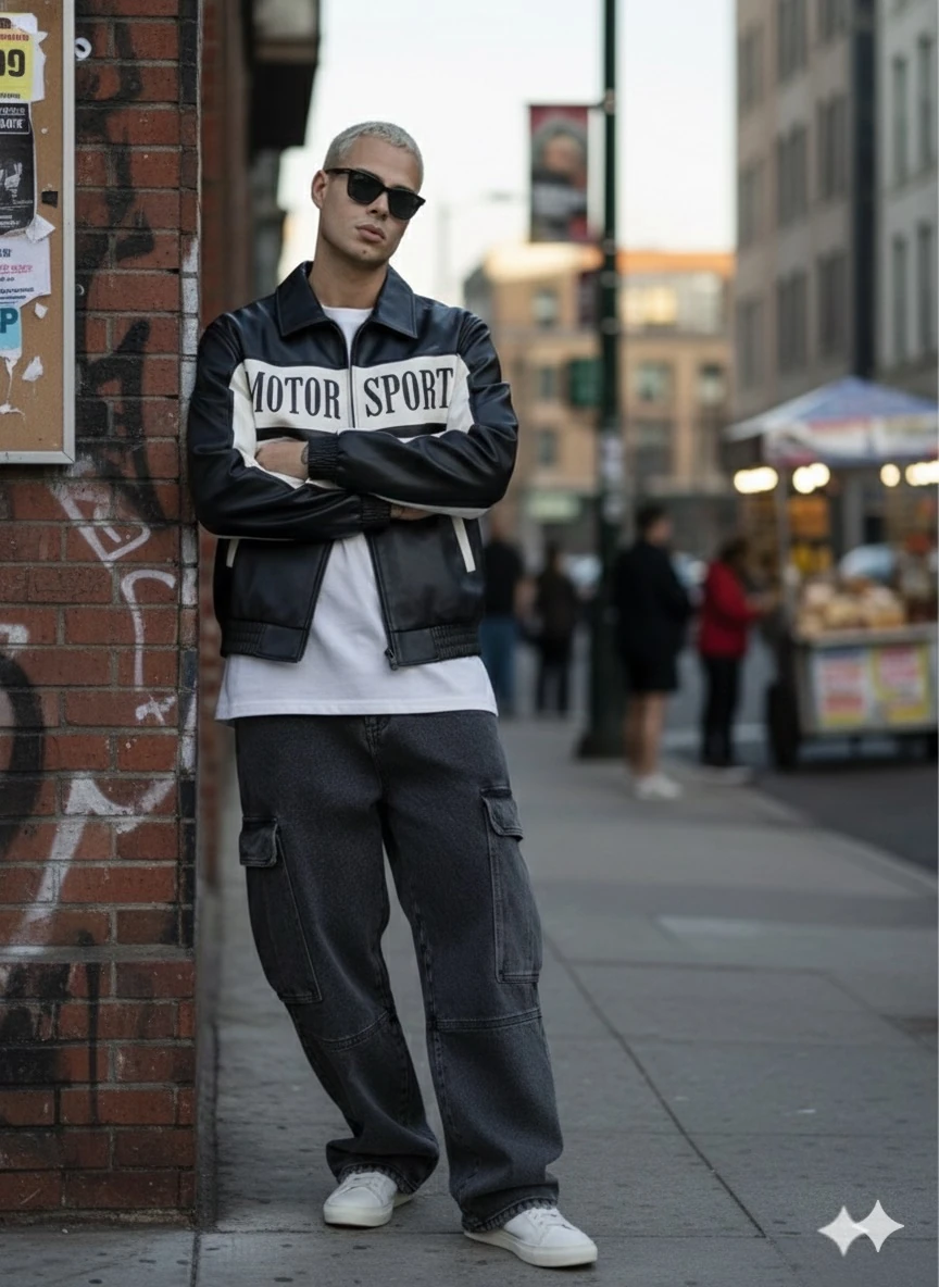 OVERSİZE ÇİFT RENKLİ  ÖN YAZILI BEL LASTİKLİ DERİ CEKET 