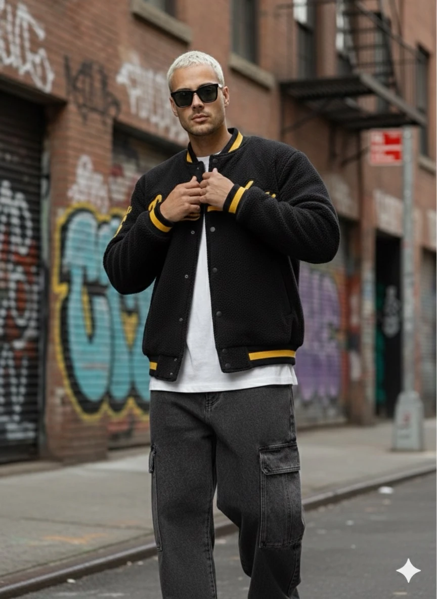 OVERSİZE SİYAH RENK KUMAŞI PAMUKLU POLARLI KOLEJ CEKET 