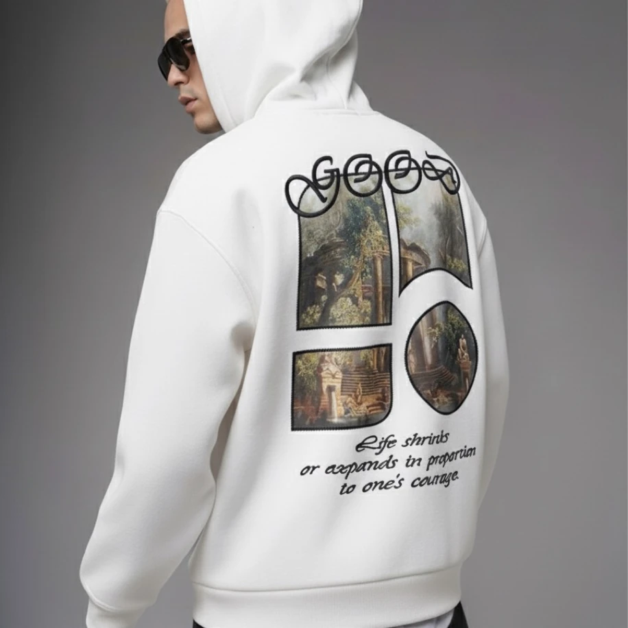 UNISEX BEYAZ SIRT TASARIMLI NAKIŞ İŞLEMELİ OVERSİZE KAPŞONLU SWEATSHİRT