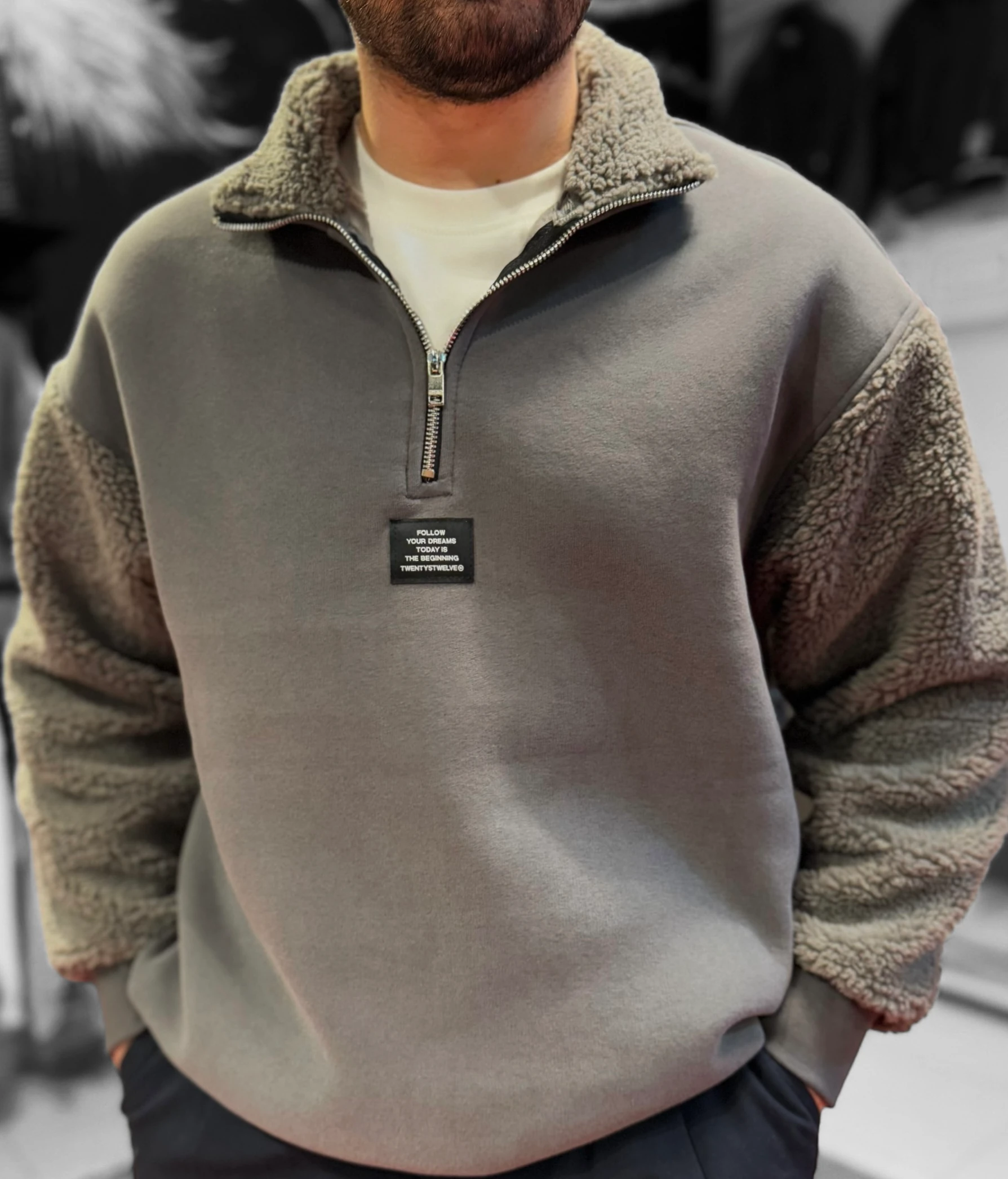 Premium Kumaş Oversize Peluş Kol Sweat - Gri