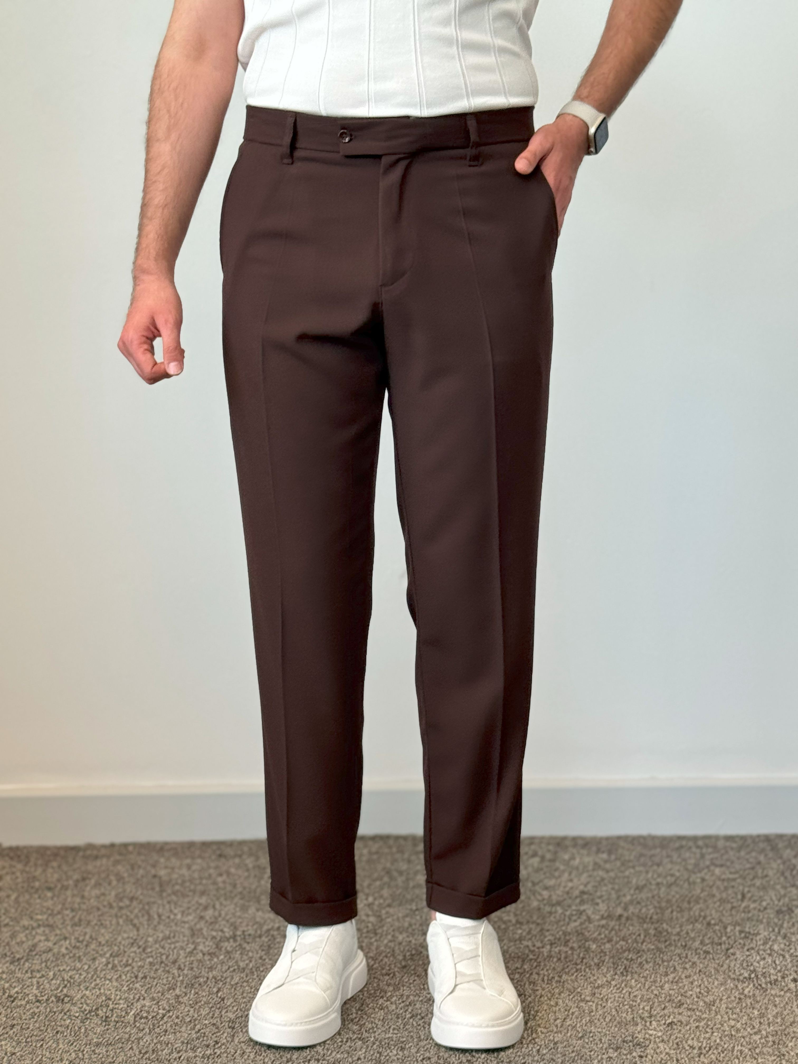 Double Paça Premium Kalite Kumaş Pantolon - Kahve