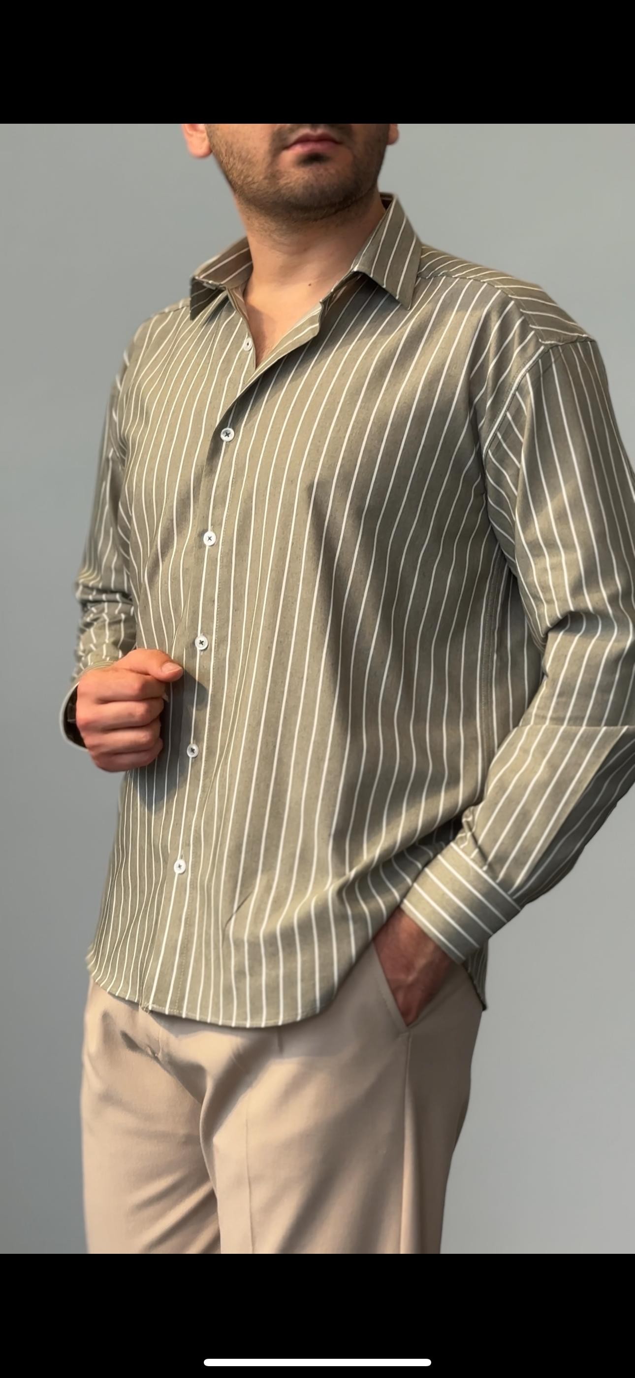 Premium Kalite Çizgili Oversize Gömlek - Haki