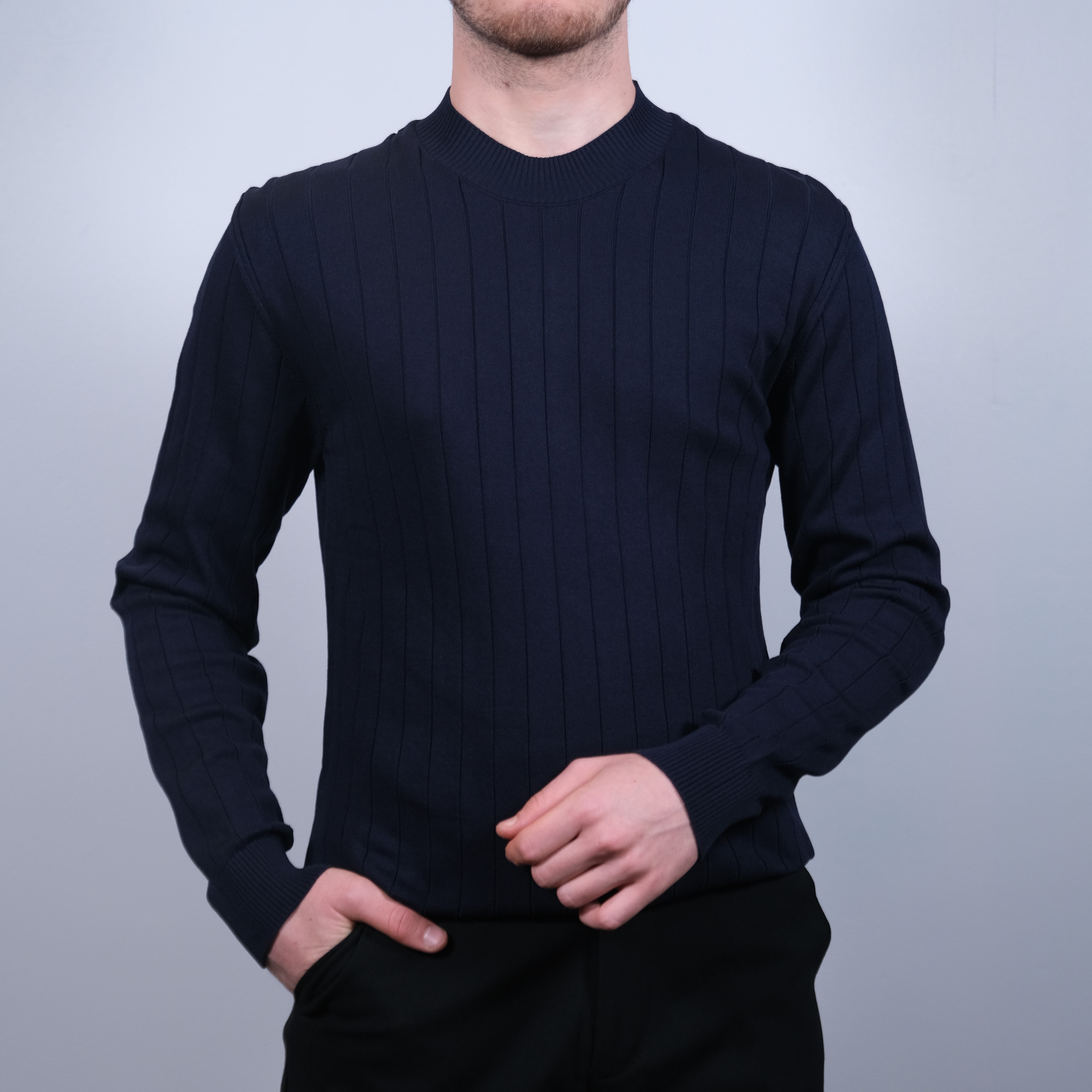 Premium Kalite Bisiklet Yaka Çizgili Sweat - Lacivert
