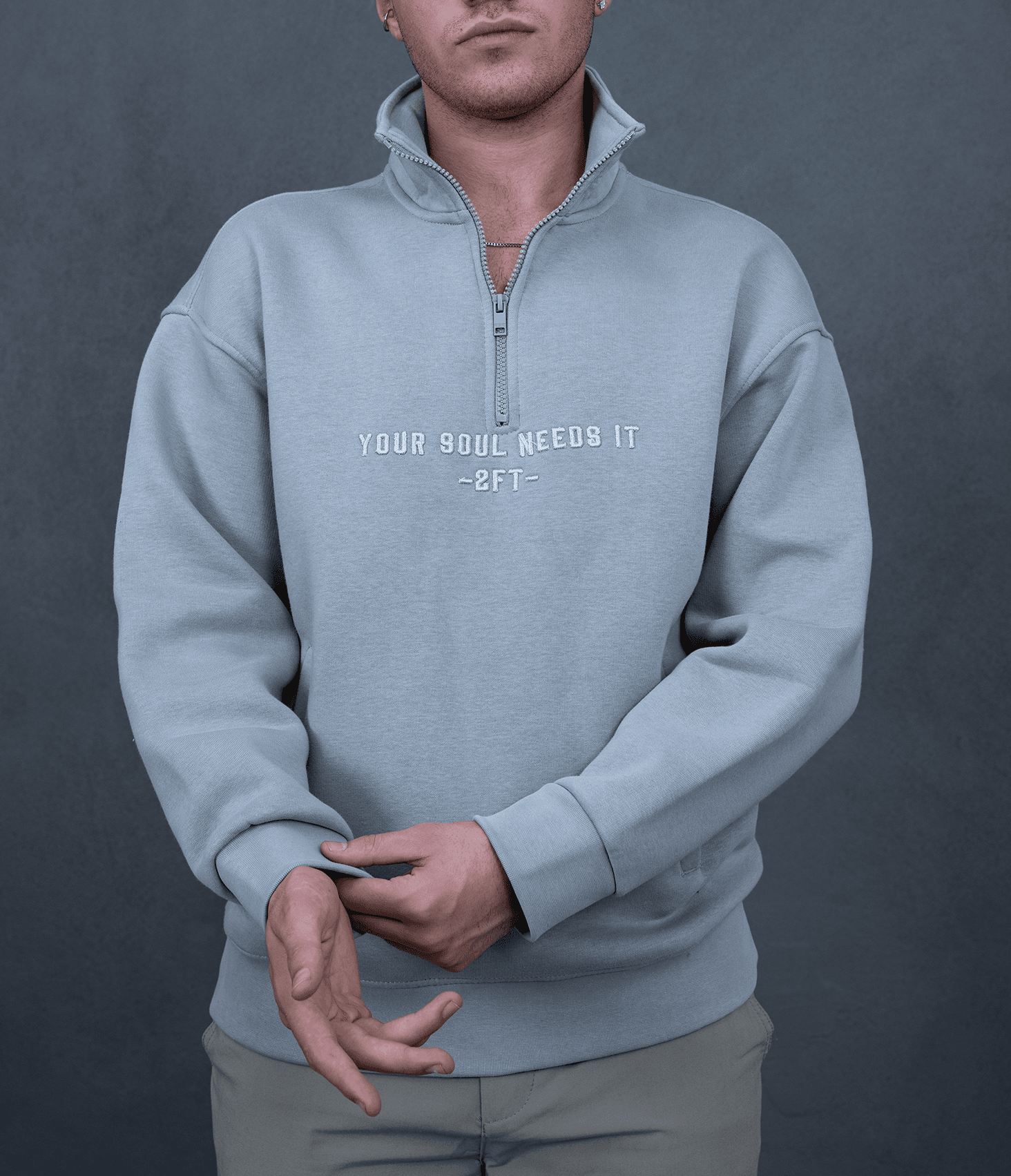 Fermuarlı Nakışlı Sweatshirt - Gri