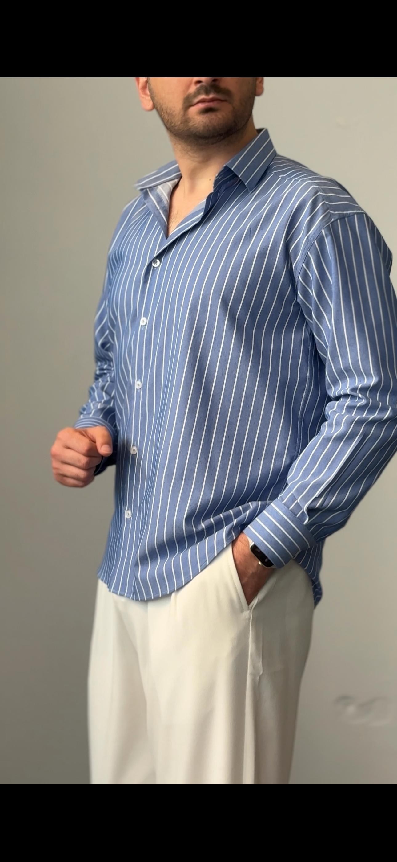 Premium Kalite Çizgili Oversize Gömlek - Mavi