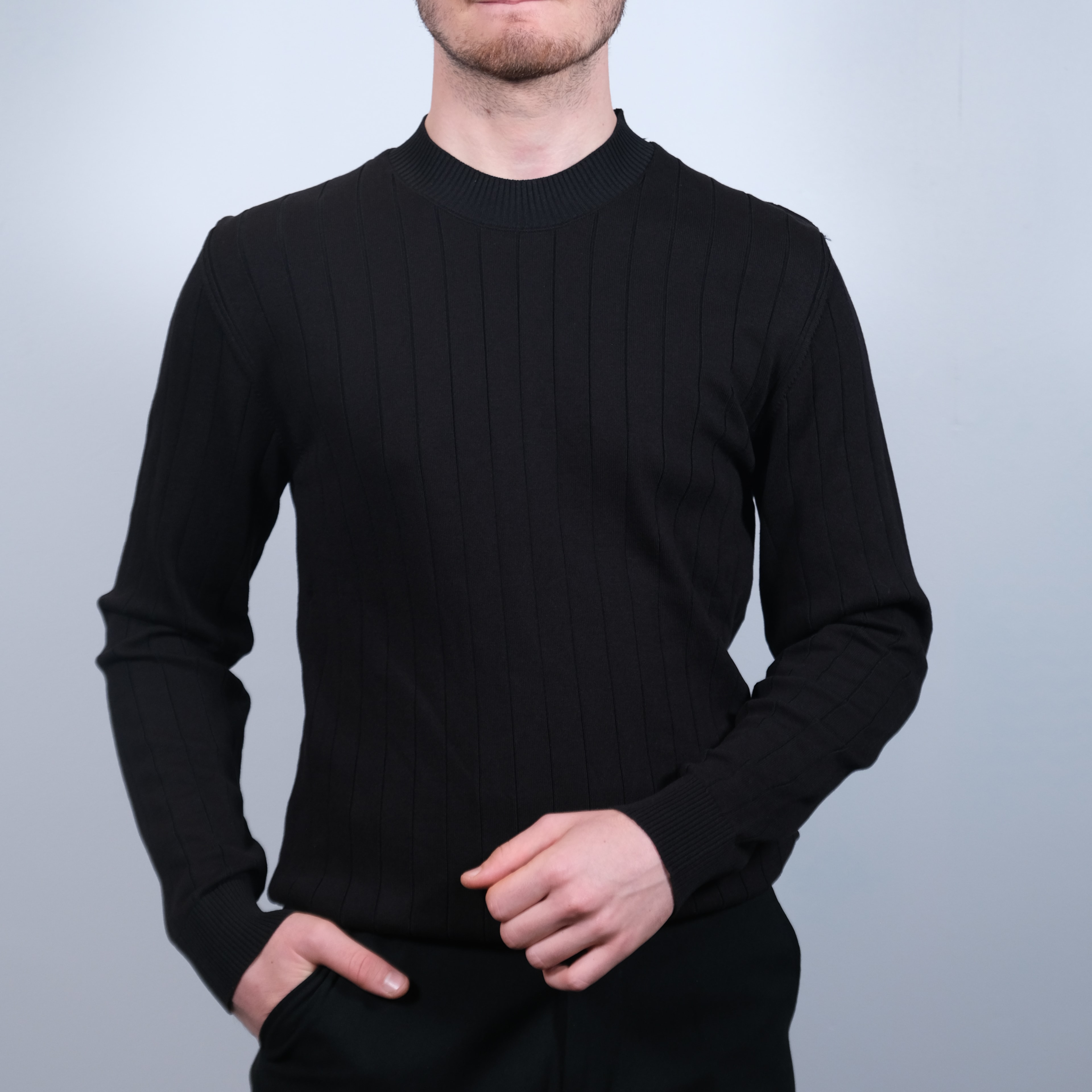 Premium Kalite Bisiklet Yaka Çizgili Sweat - Siyah
