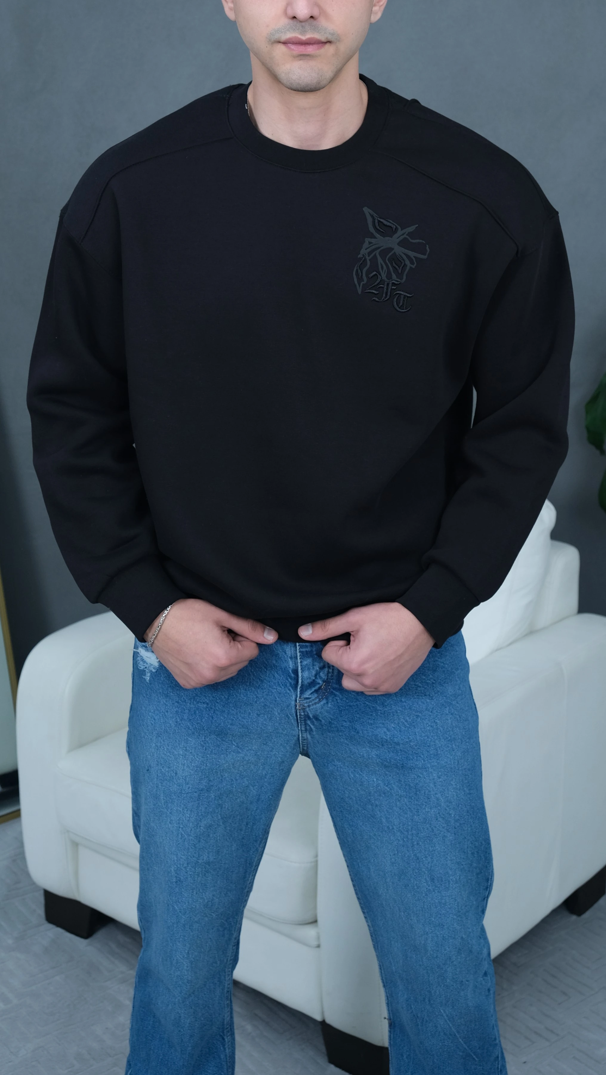 Üst Düzey Kalite 3 İplik Şardonlu Nakış İşleme Sweat - Siyah