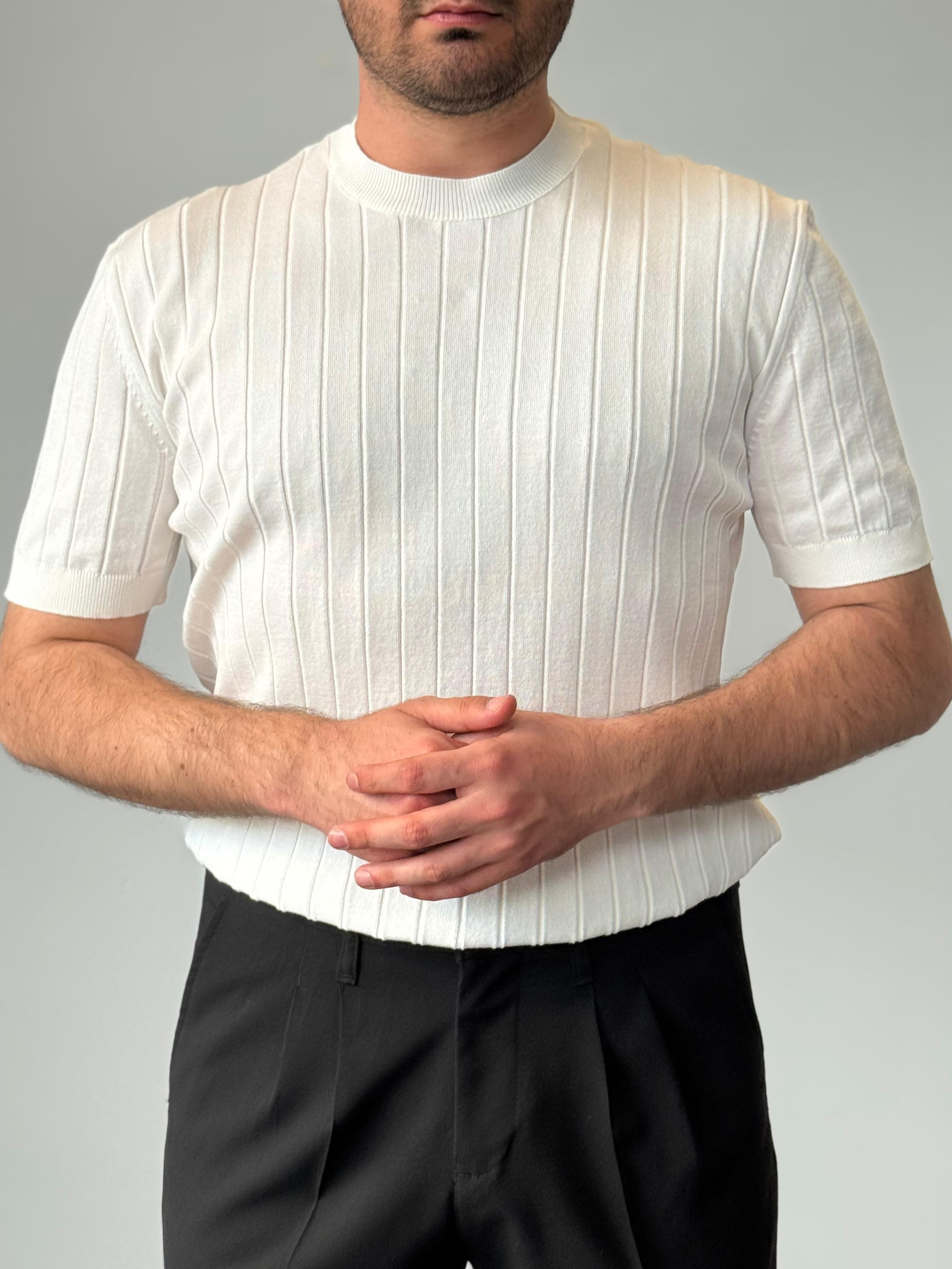 Premium Kalite Regular Fit Çizgili Triko  - Beyaz