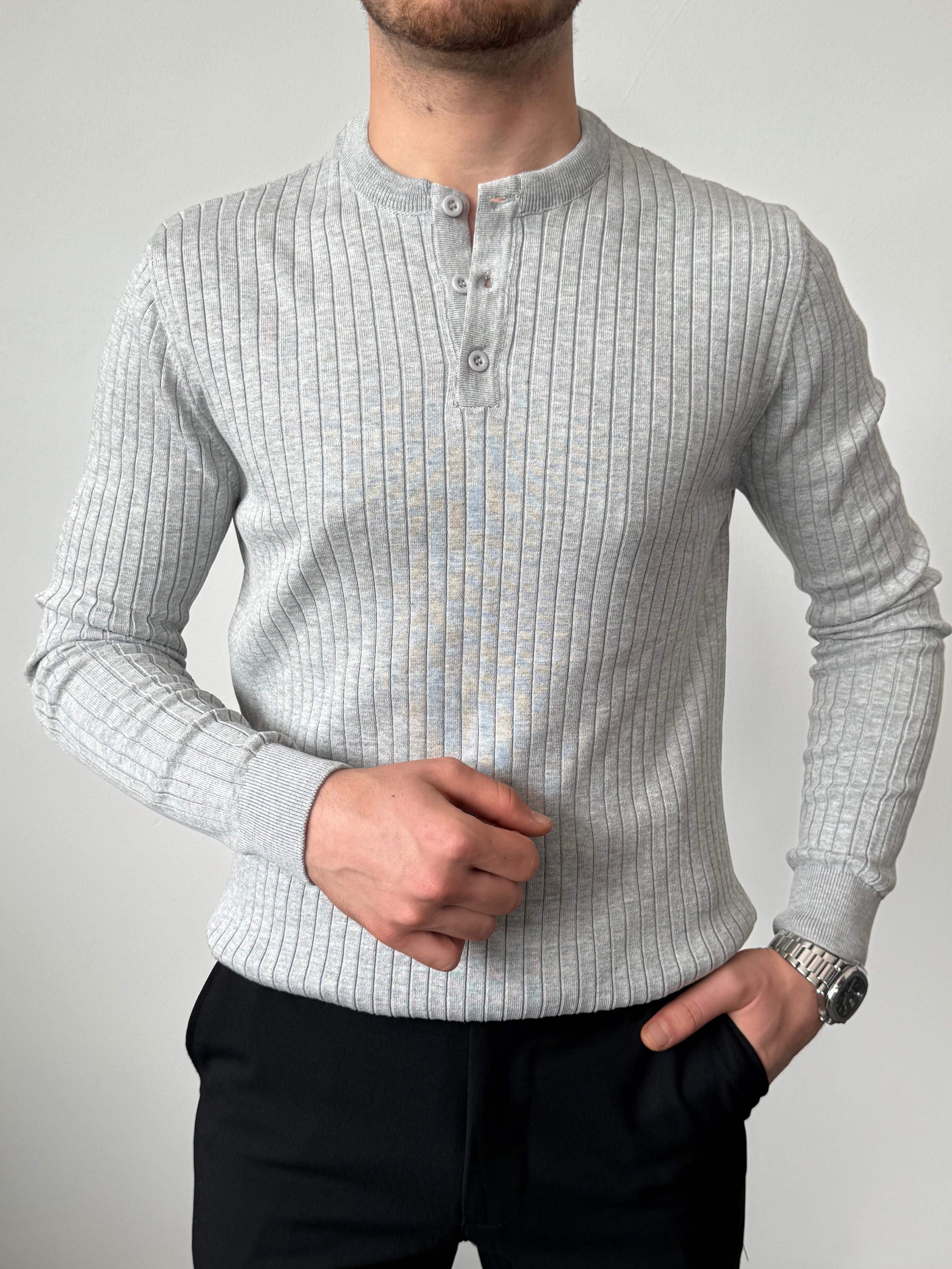 Üst Düzey Kumaş Kalitesi Çizgili Düğmeli Sweat - Gri