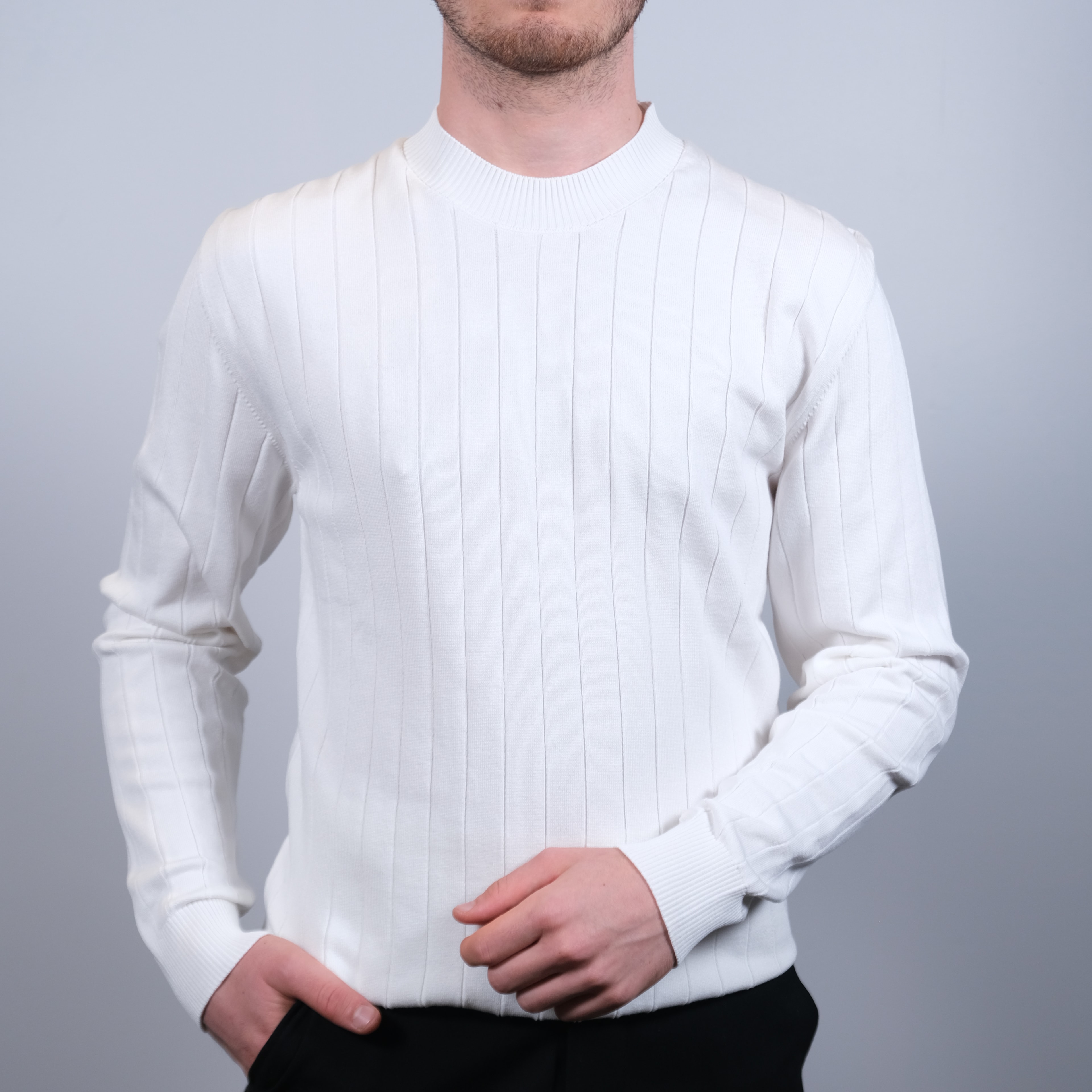 Premium Kalite Bisiklet Yaka Çizgili Sweat - Beyaz