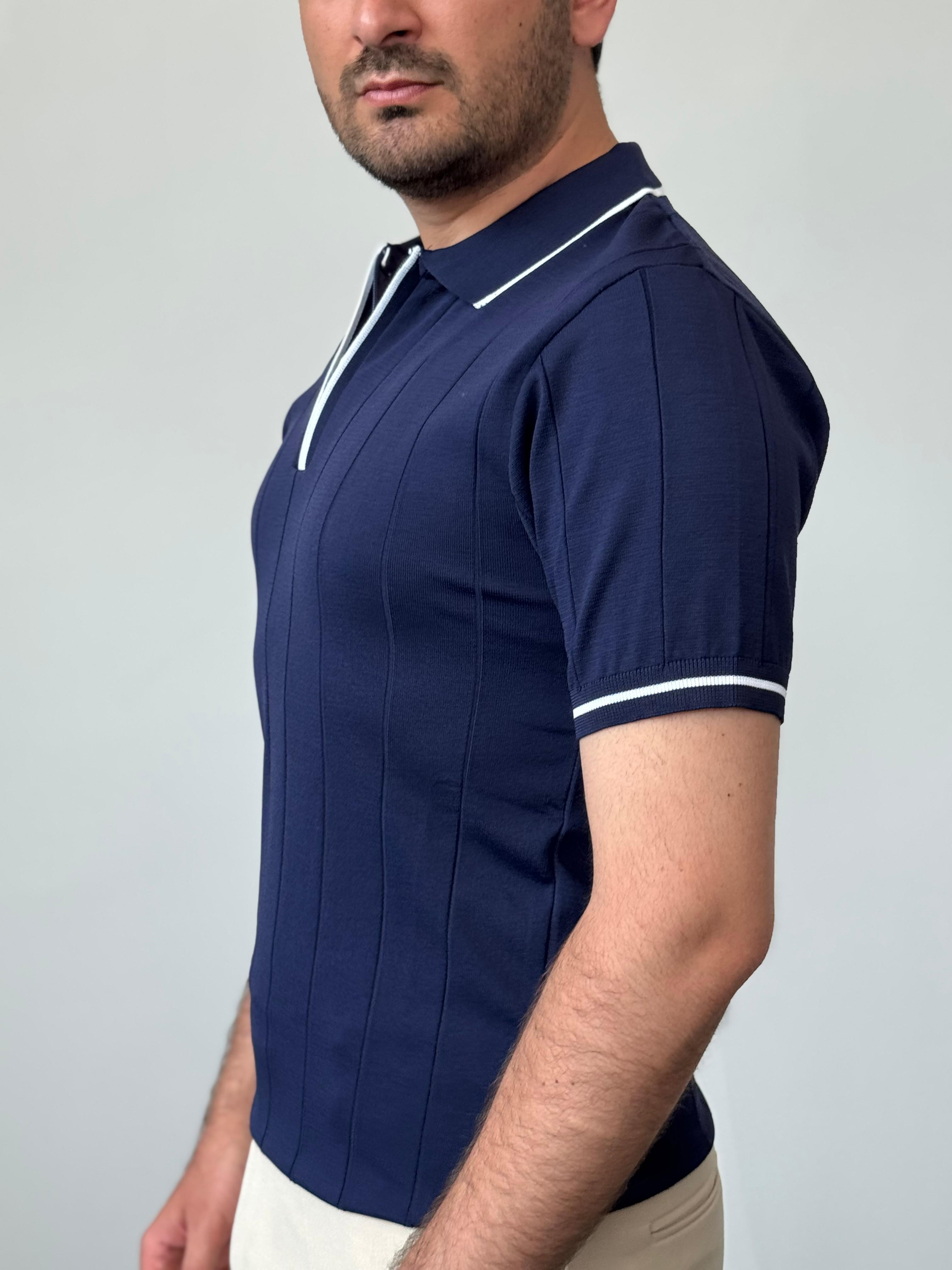 Premium Kalite Gizli Fermuar Çizgli Polo Yaka Triko