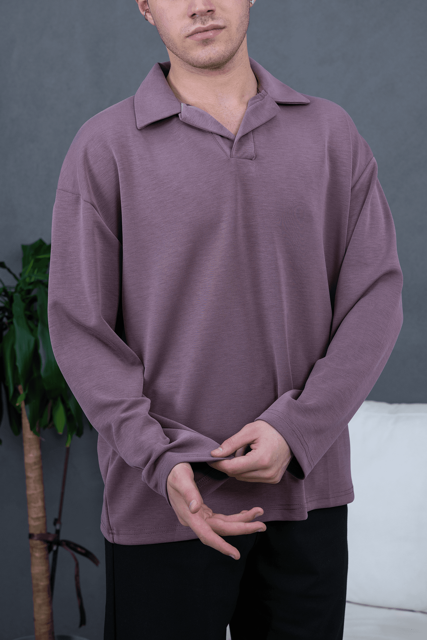 Premium Oysho Kumaş Polo Yaka Sweatshirt - Gül Kurusu