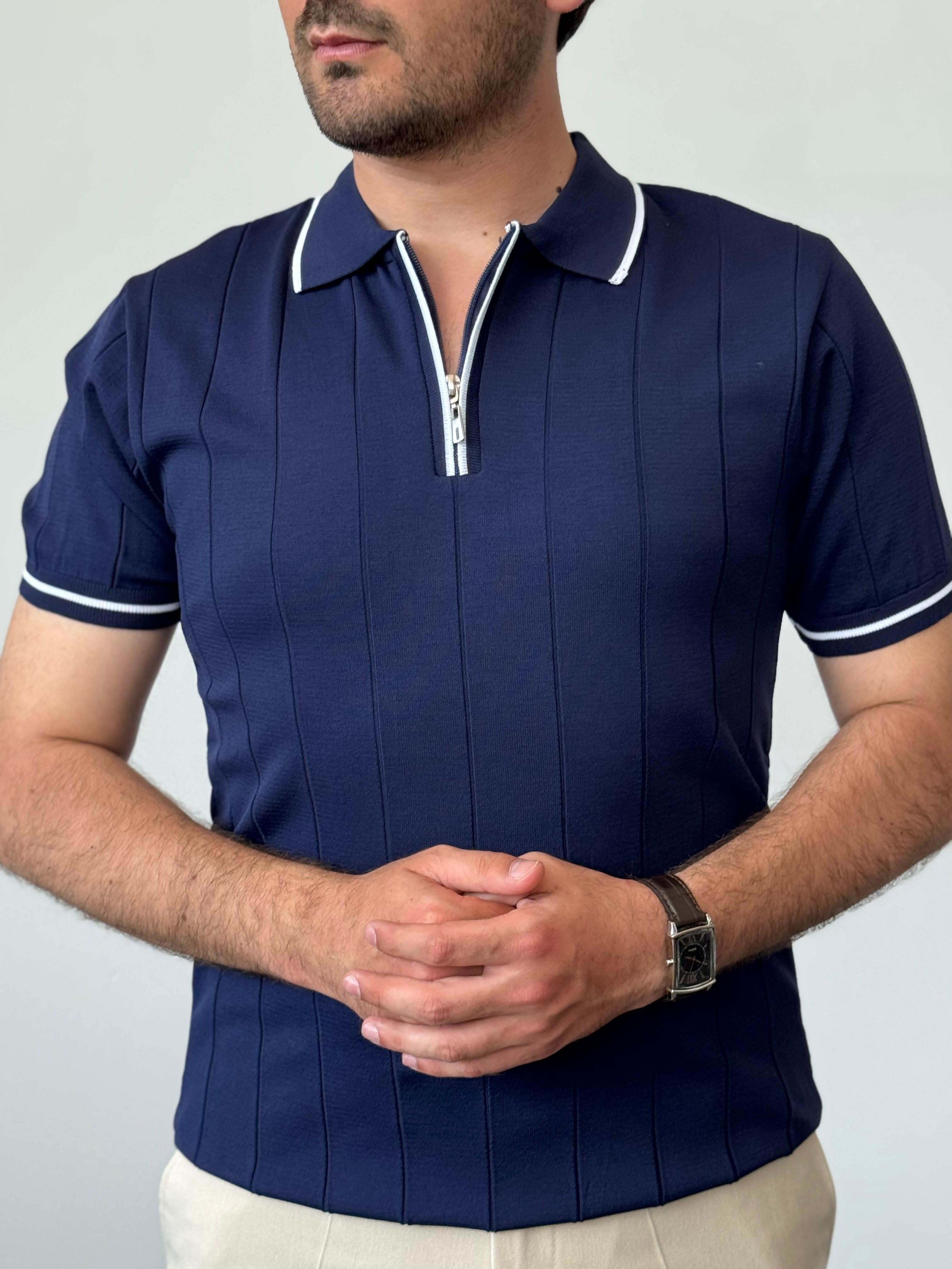 Premium Kalite Gizli Fermuar Çizgli Polo Yaka Triko - Lacivert