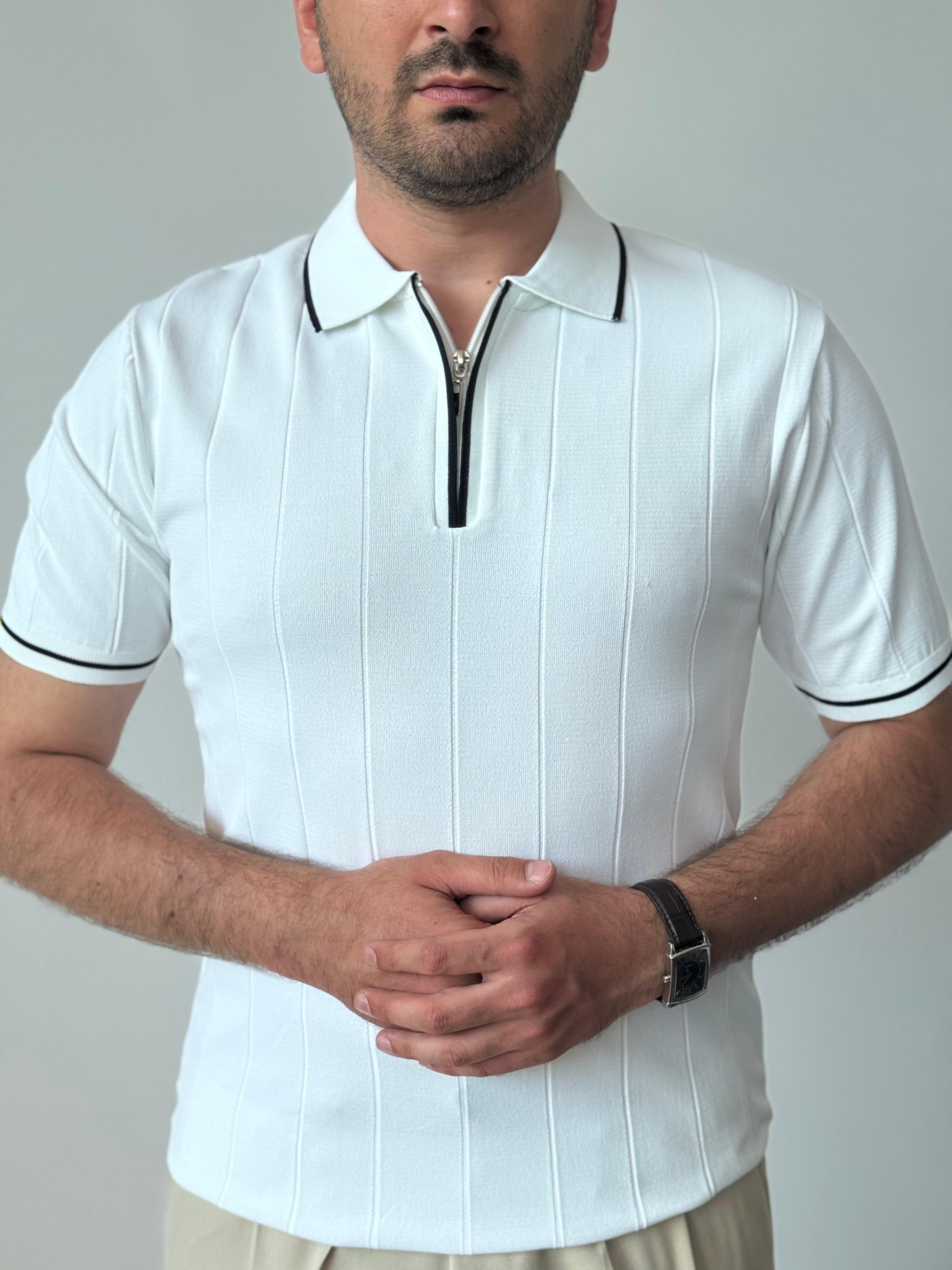 Premium Kalite Gizli Fermuar Çizgli Polo Yaka Triko - Beyaz