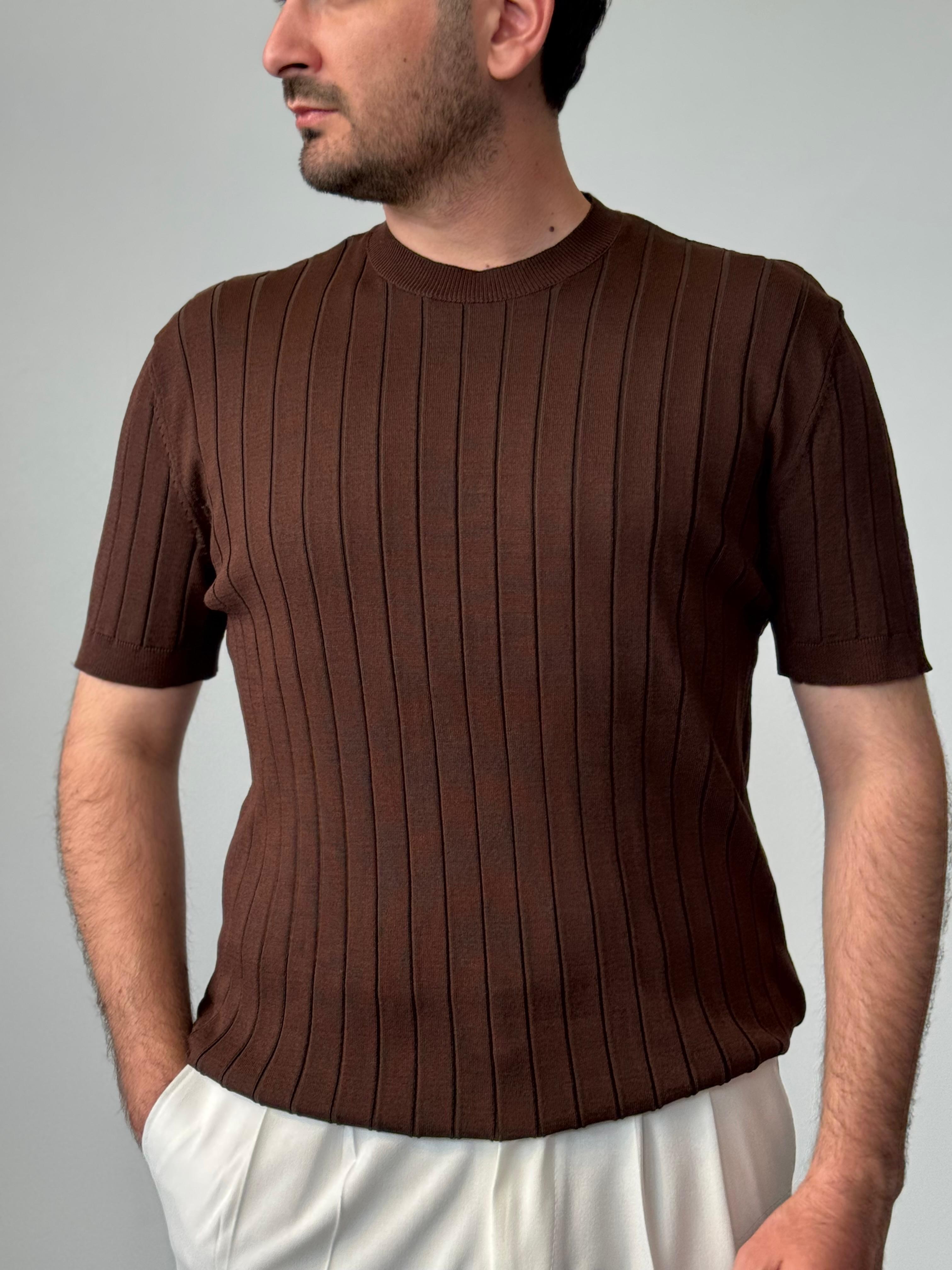 Premium Kalite Regular Fit Çizgili Triko  - Kahve