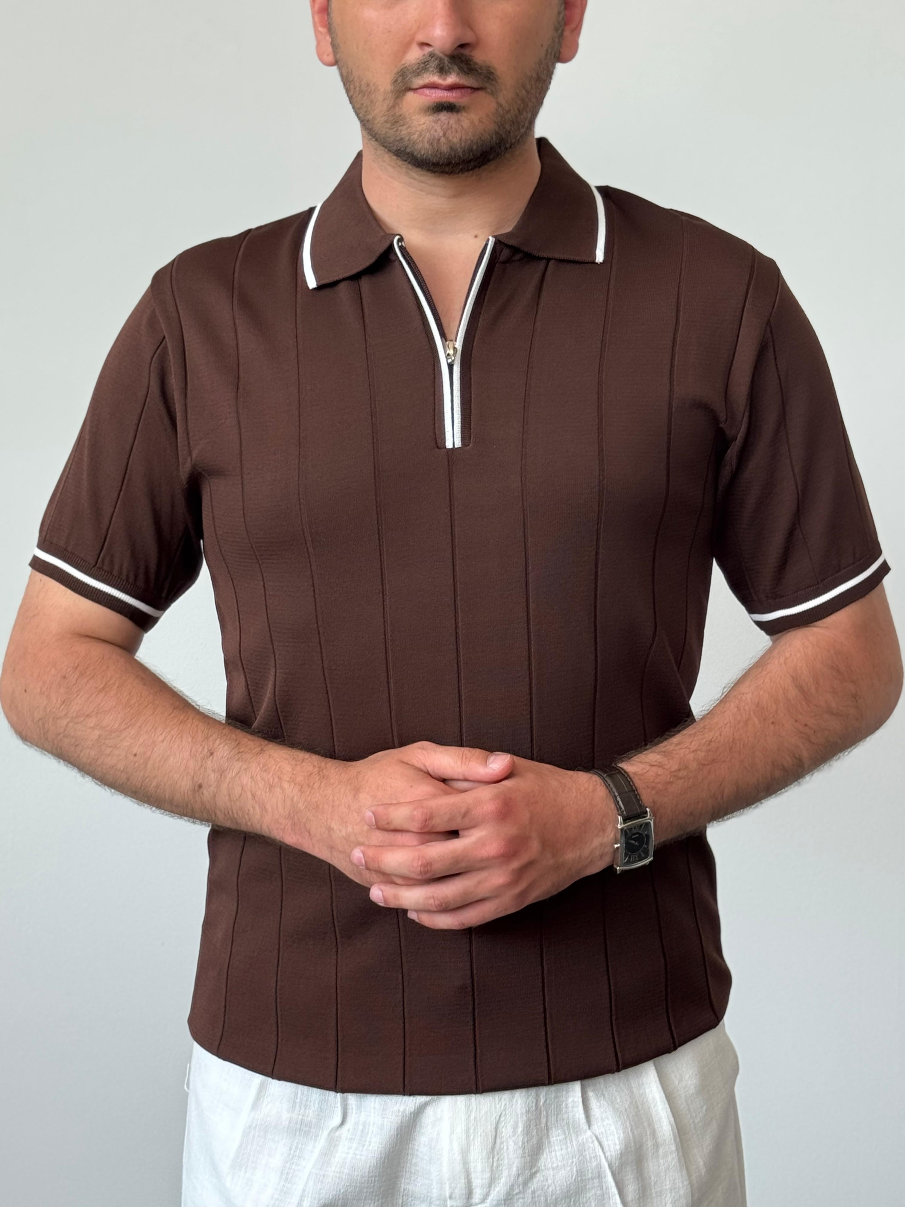 Premium Kalite Gizli Fermuar Çizgli Polo Yaka Triko - Kahve