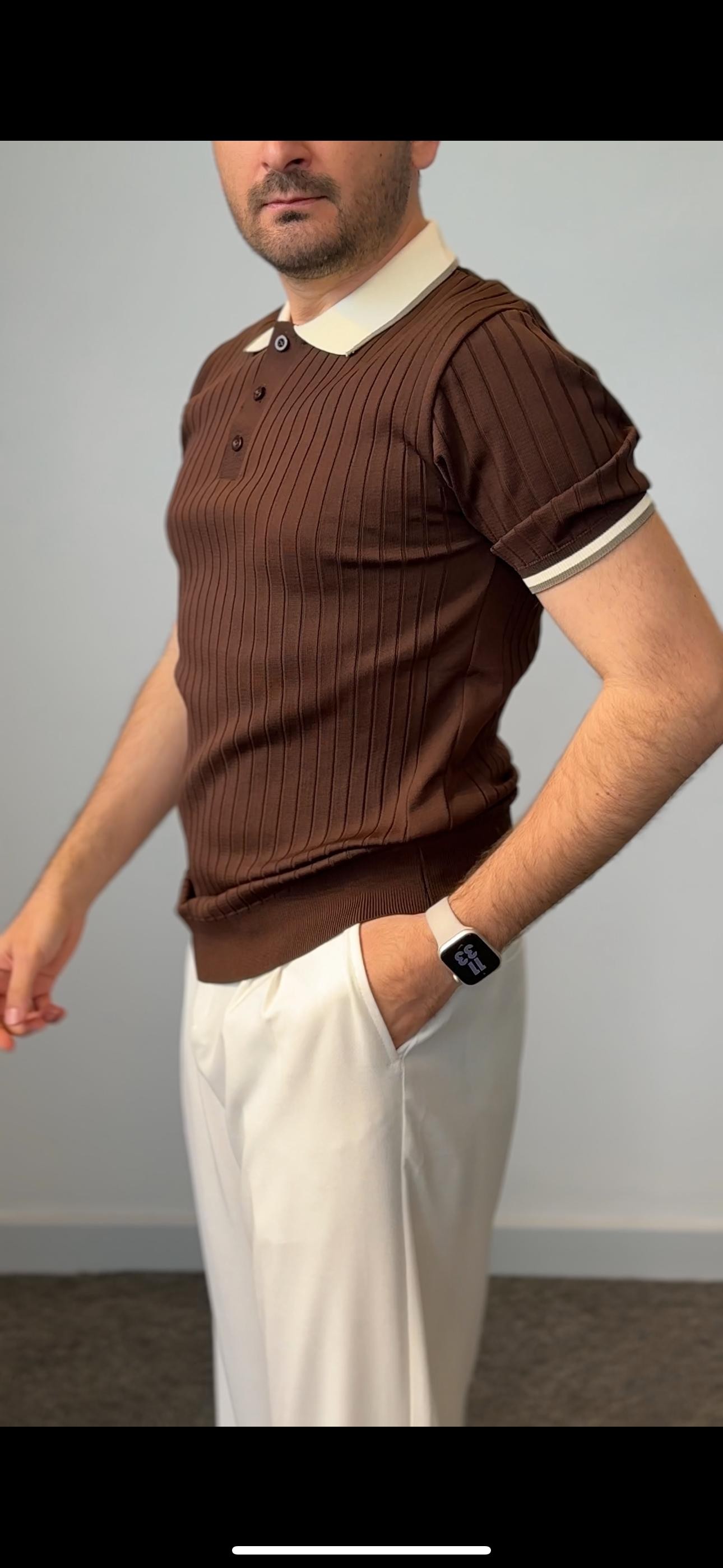 Premium Kalite Çizgili Polo Yaka Triko - Kahve
