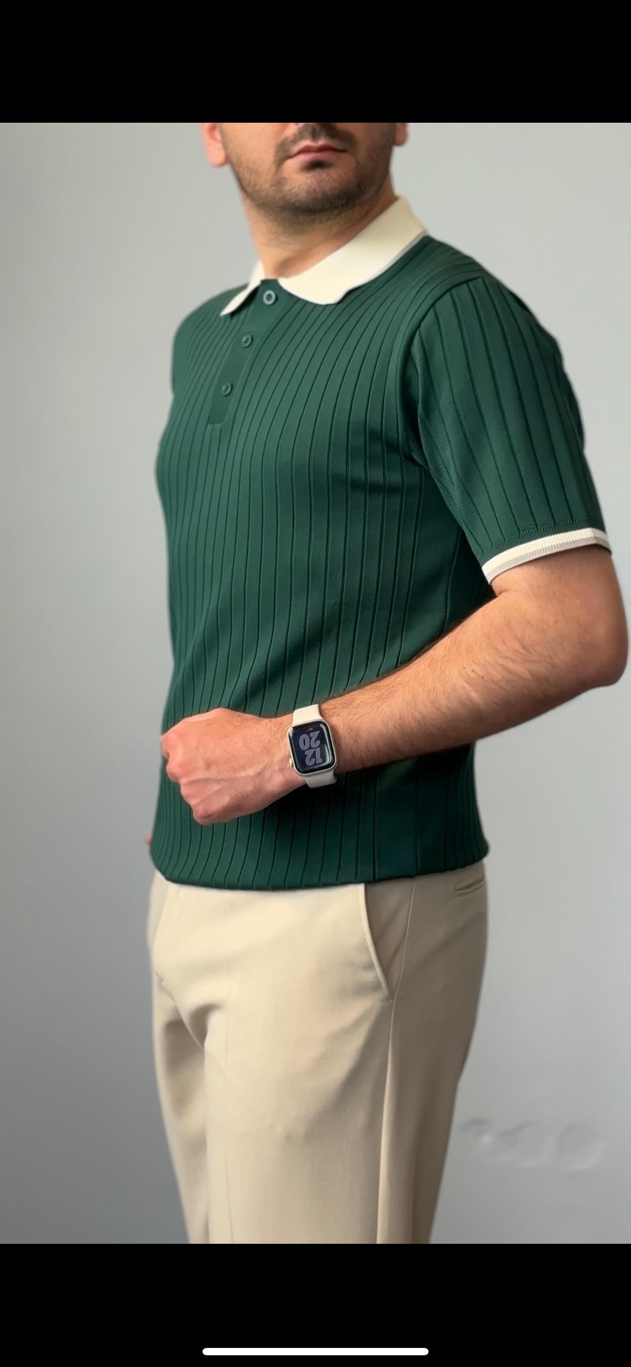 Premium Kalite Çizgili Polo Yaka Triko - Yeşil