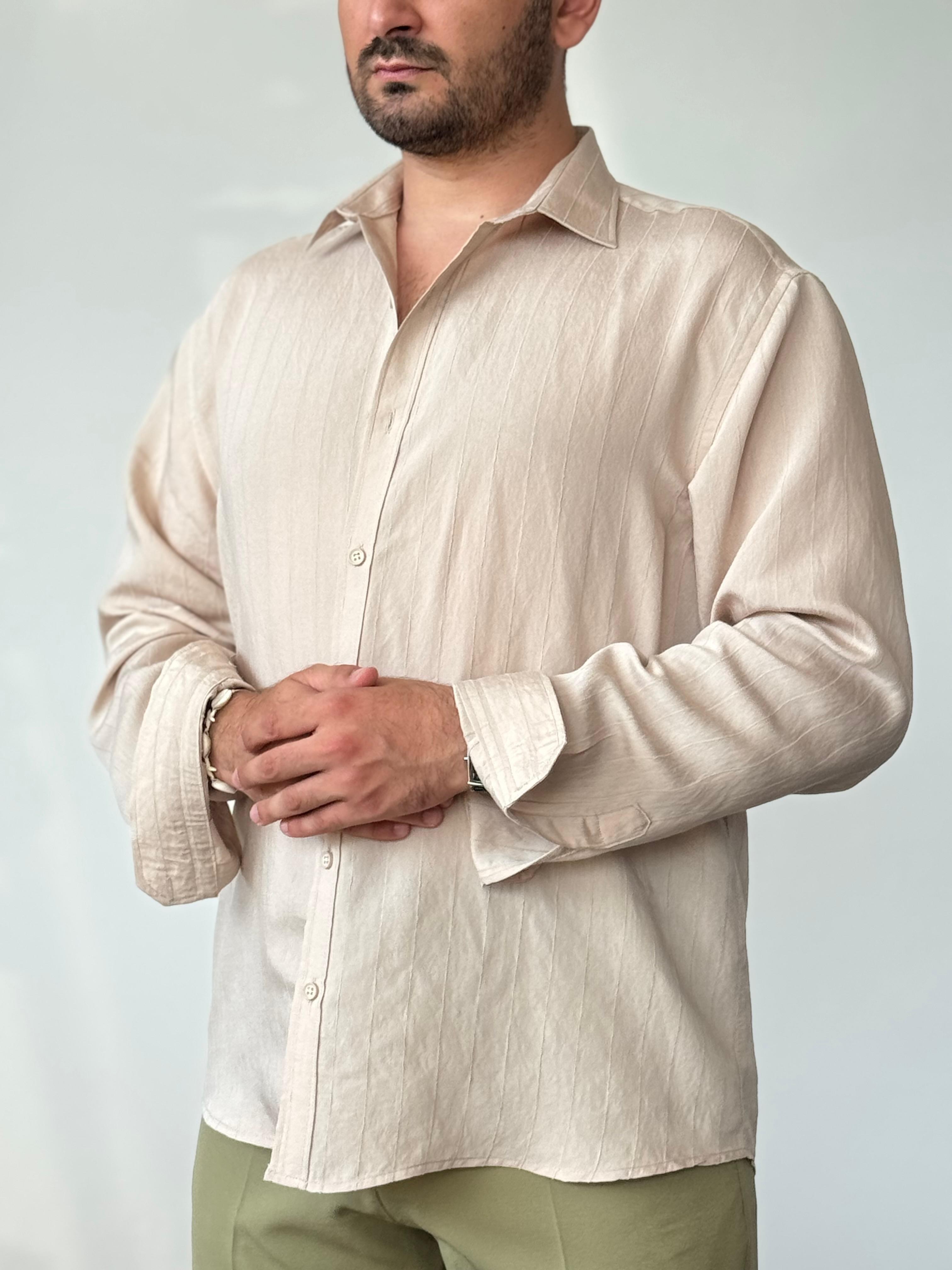 Premium Kalite Modal Çizgili Oversize Gömlek - Bej