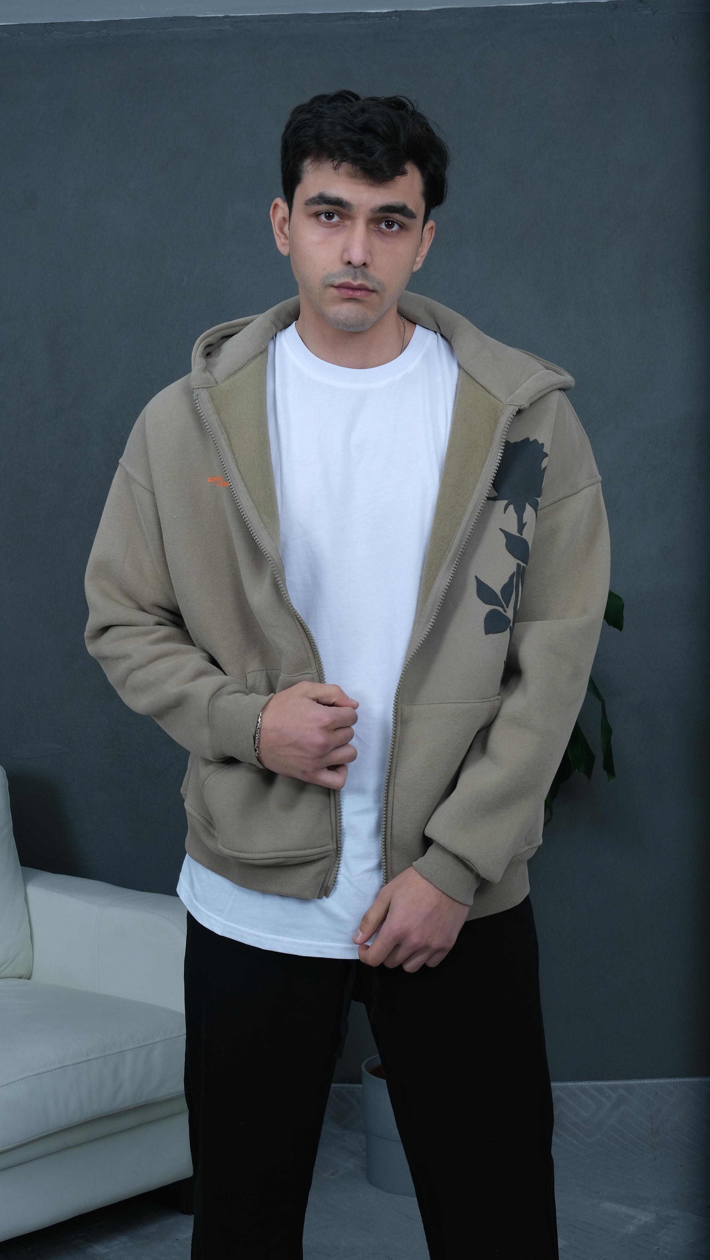 Baskılı Oversize Hoodie - Haki