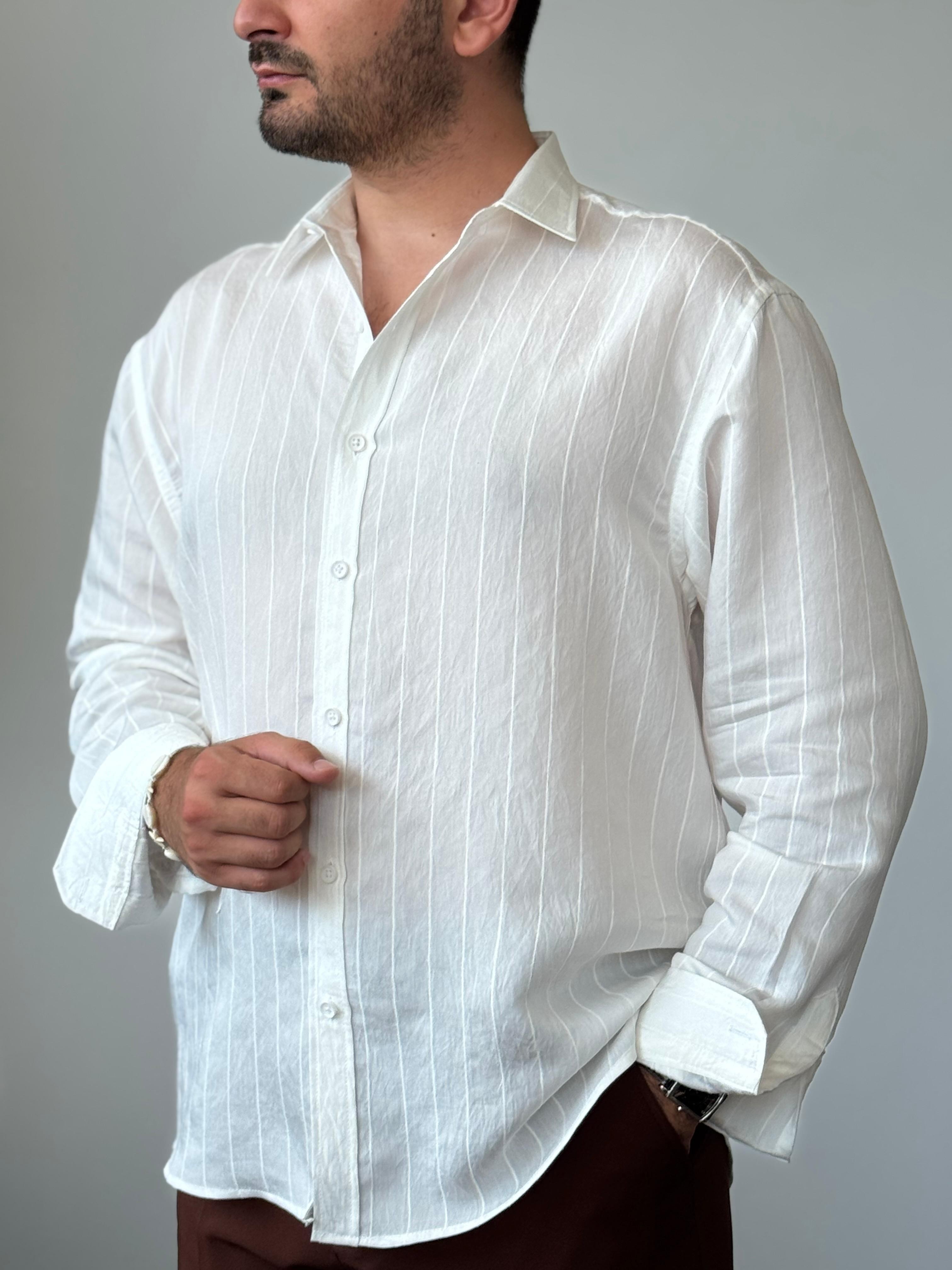 Premium Kalite Modal Çizgili Oversize Gömlek - Beyaz