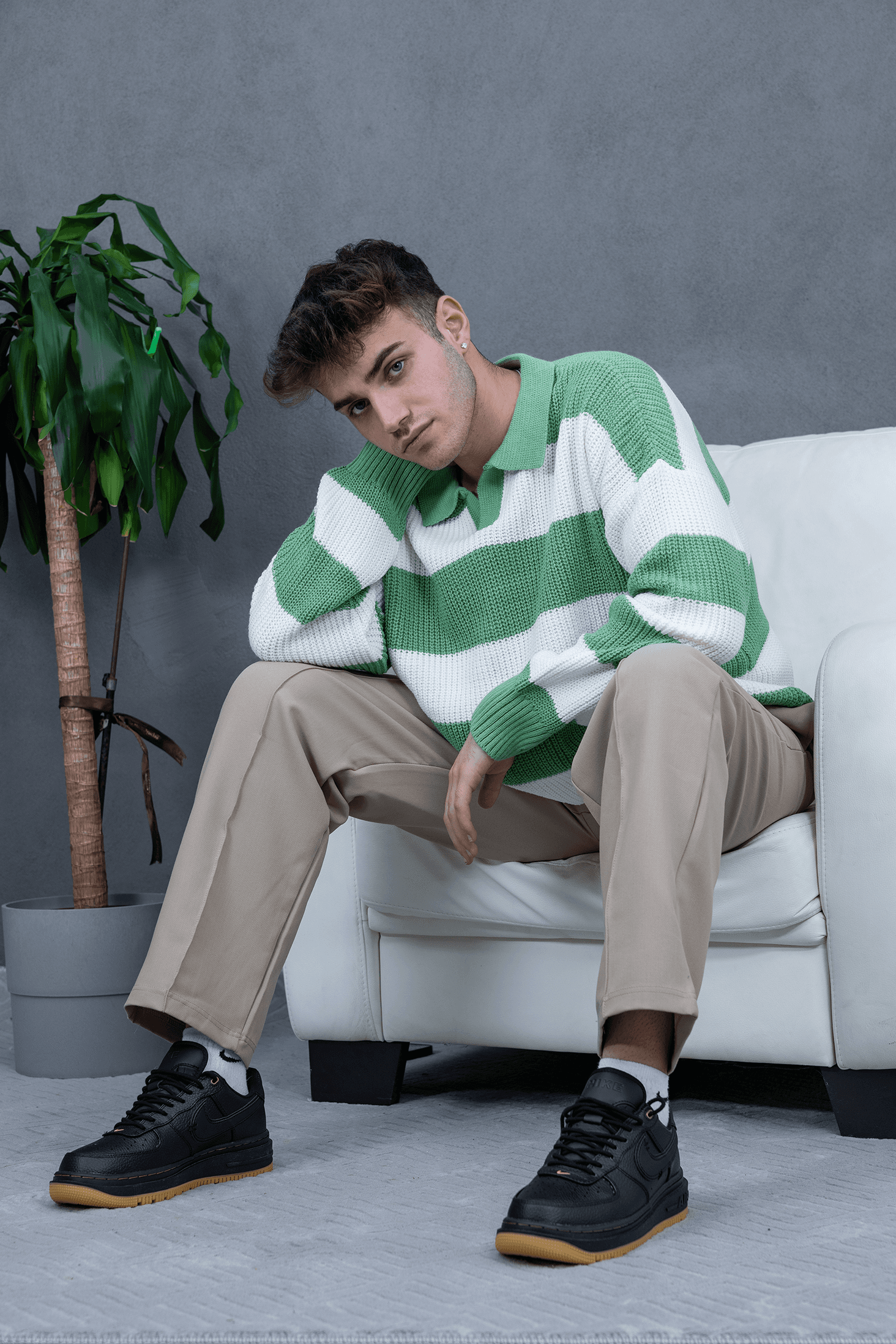 Örgü Polo Yaka Oversize Sweatshirt - Yeşil