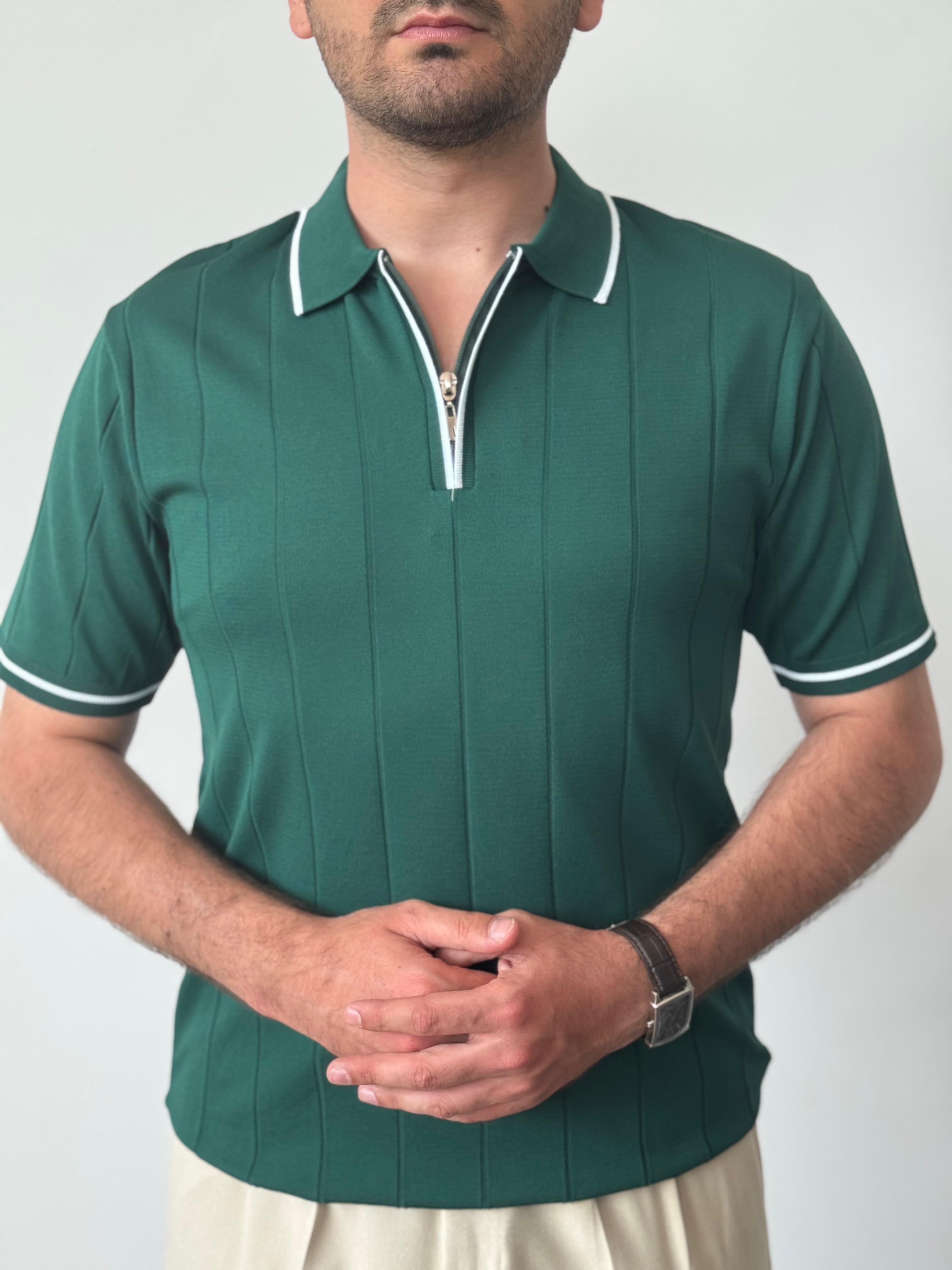 Premium Kalite Gizli Fermuar Çizgli Polo Yaka Triko - Yeşil