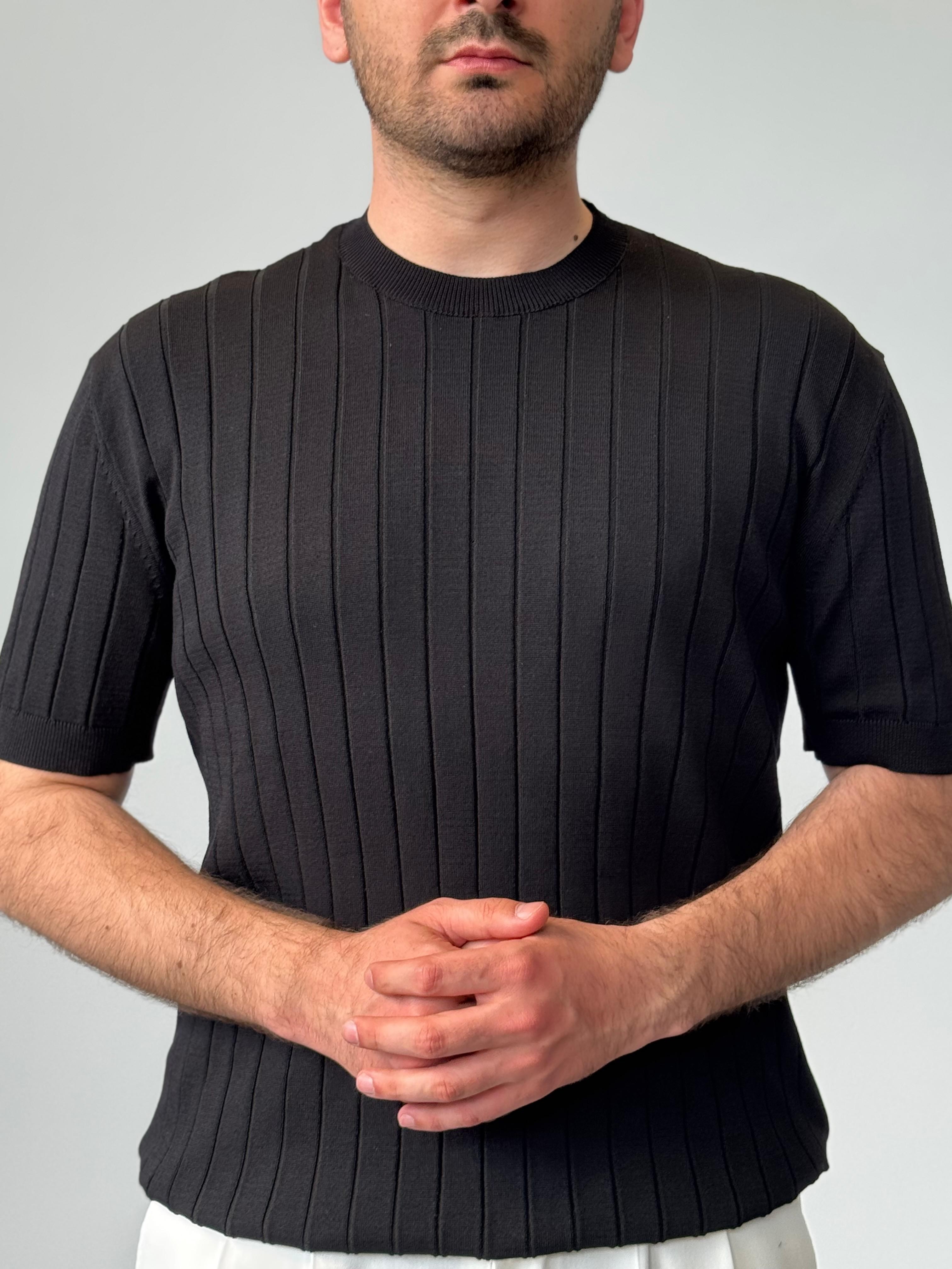 Premium Kalite Regular Fit Çizgili Triko  - Siyah