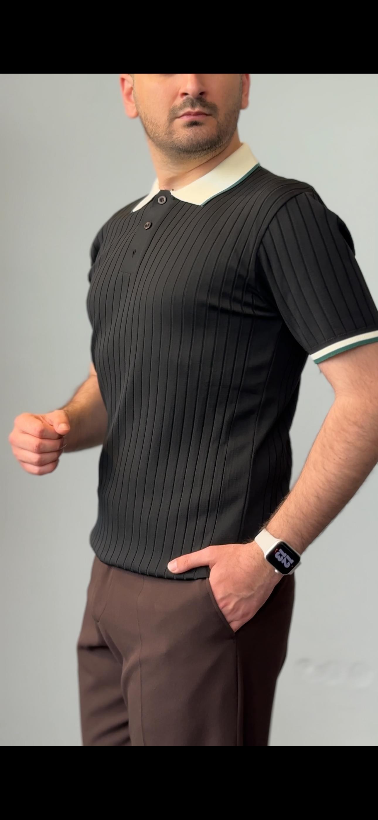 Premium Kalite Çizgili Polo Yaka Triko - Siyah
