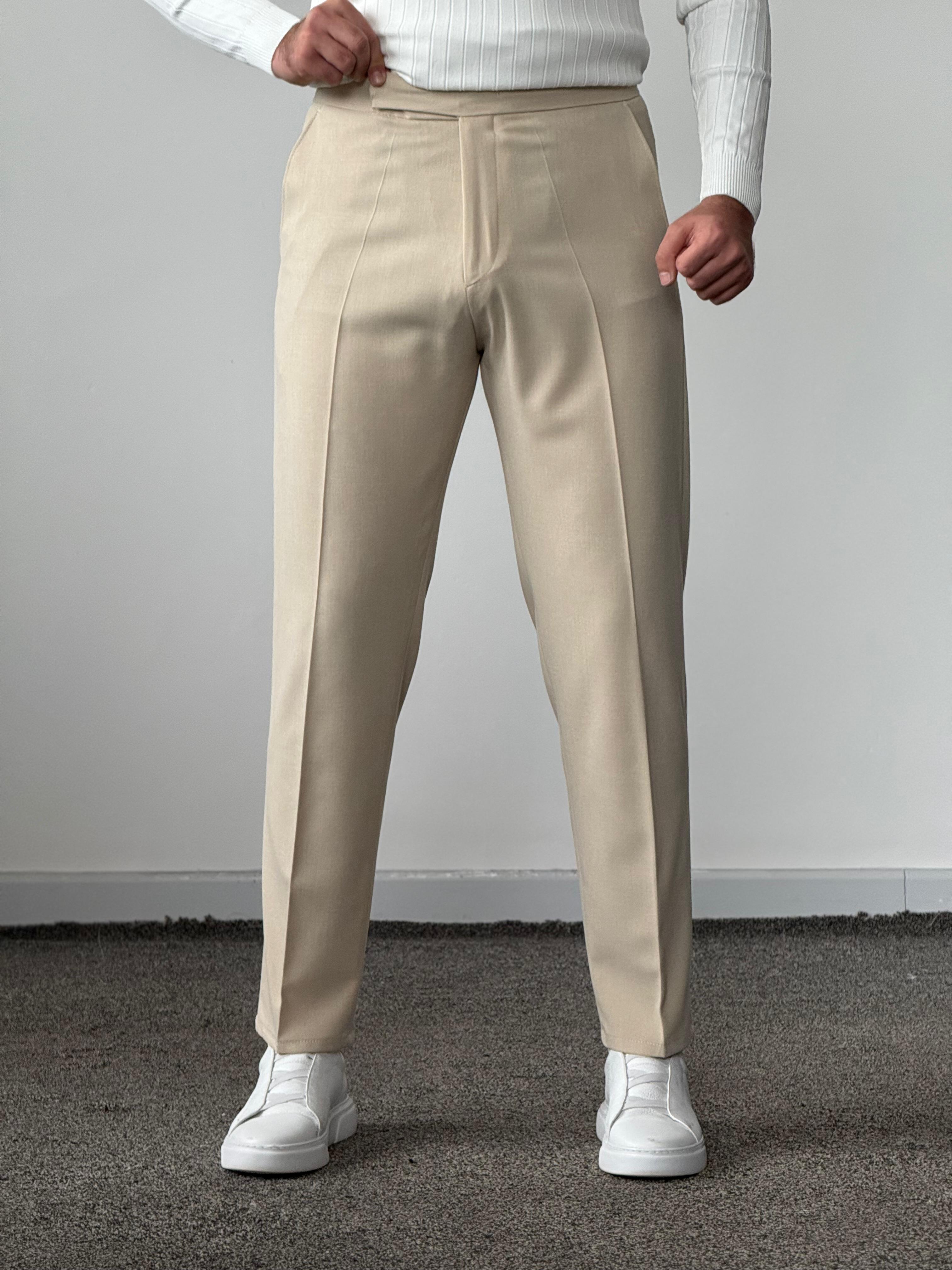 Premium Kalite Çift Tokalı Regular Fit Kumaş Pantolon - Bej