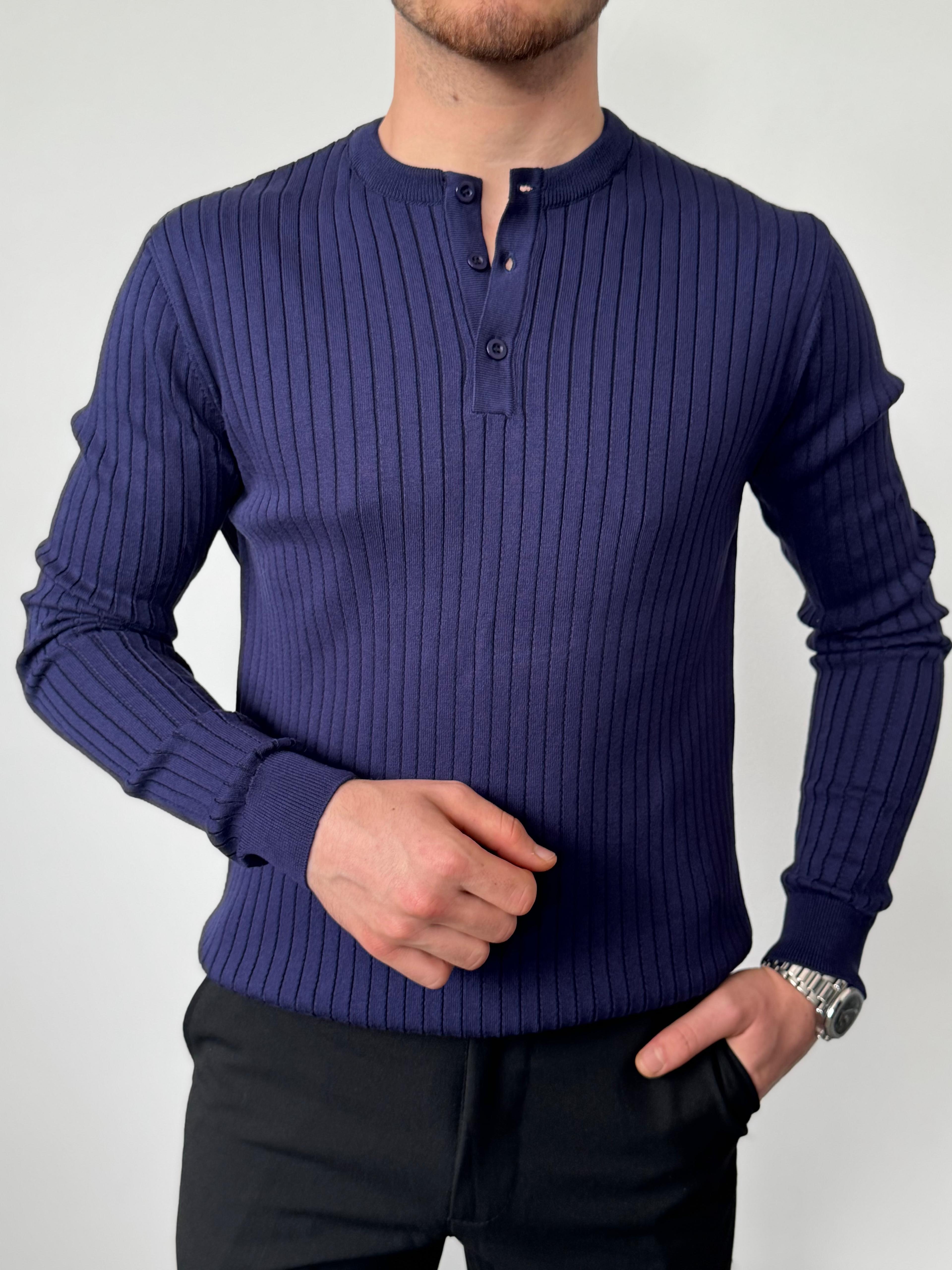 Üst Düzey Kumaş Kalitesi Çizgili Düğmeli Sweat - Lacivert