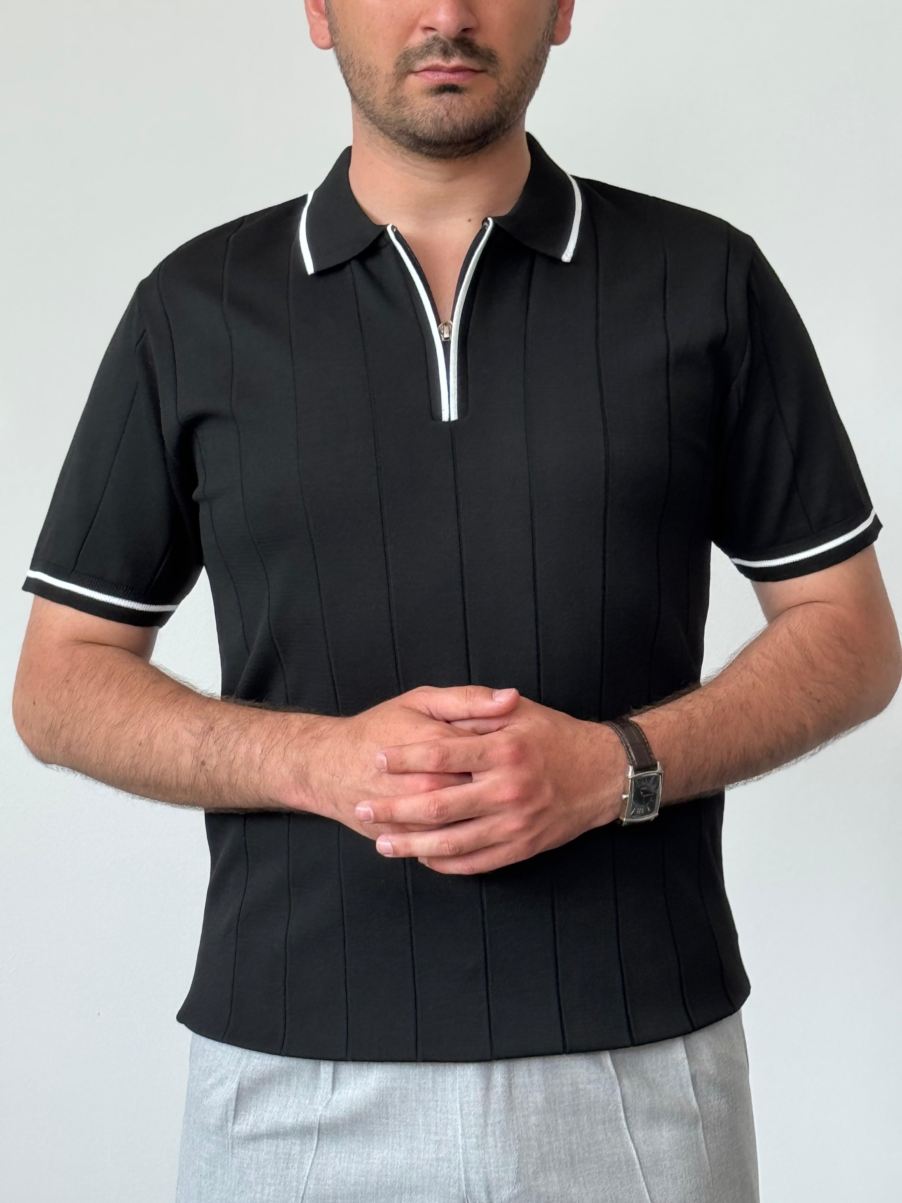 Premium Kalite Gizli Fermuar Çizgli Polo Yaka Triko - Siyah