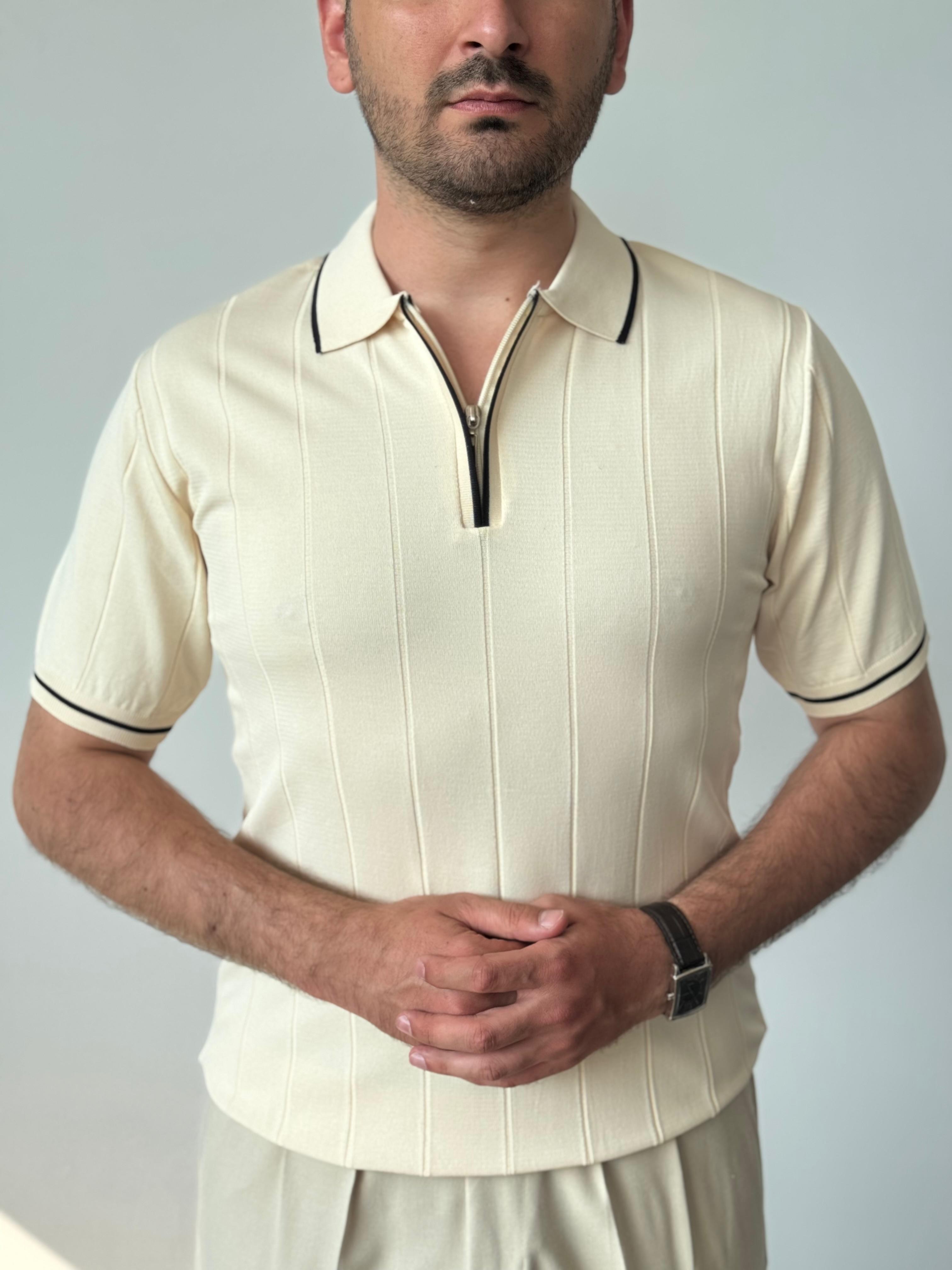 Premium Kalite Gizli Fermuar Çizgli Polo Yaka Triko - Bej