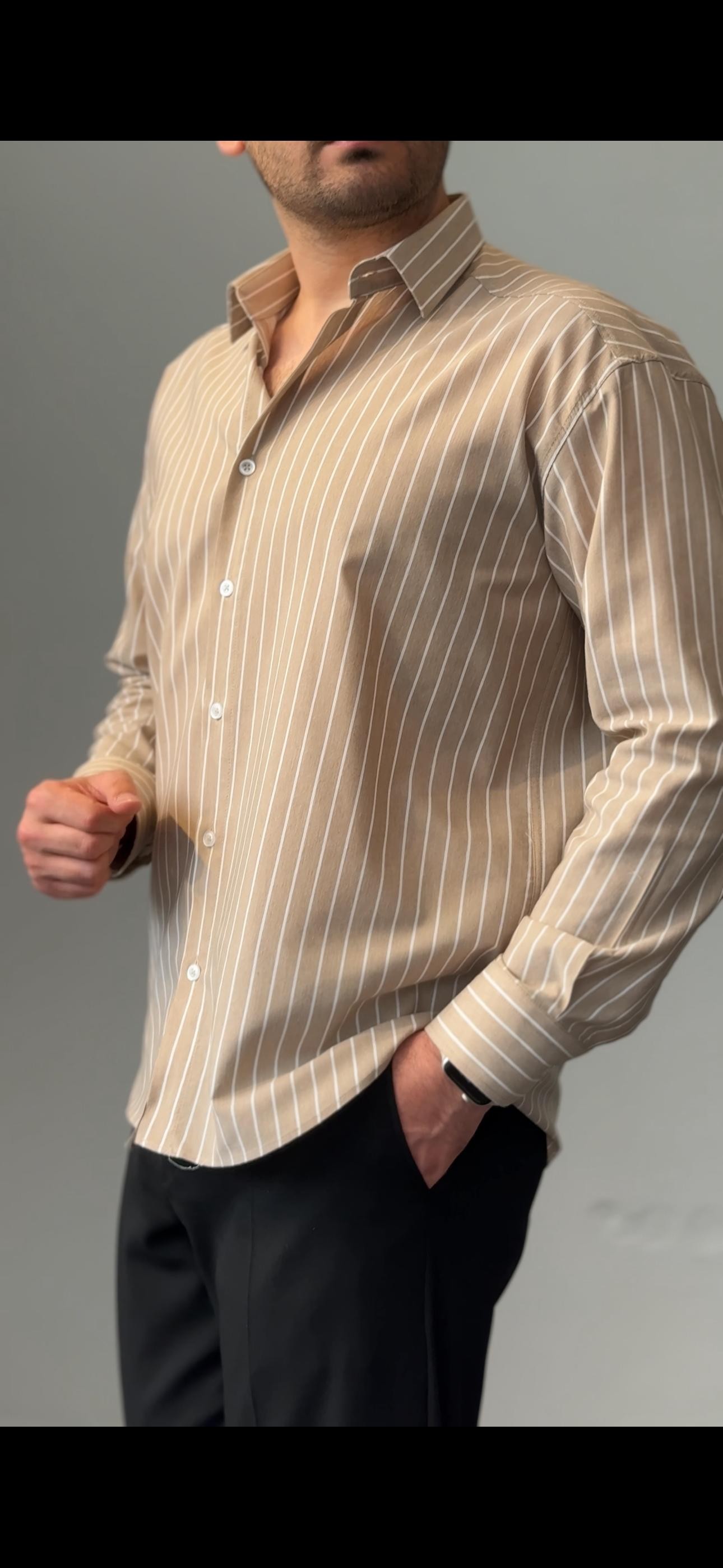 Premium Kalite Çizgili Oversize Gömlek - Krem