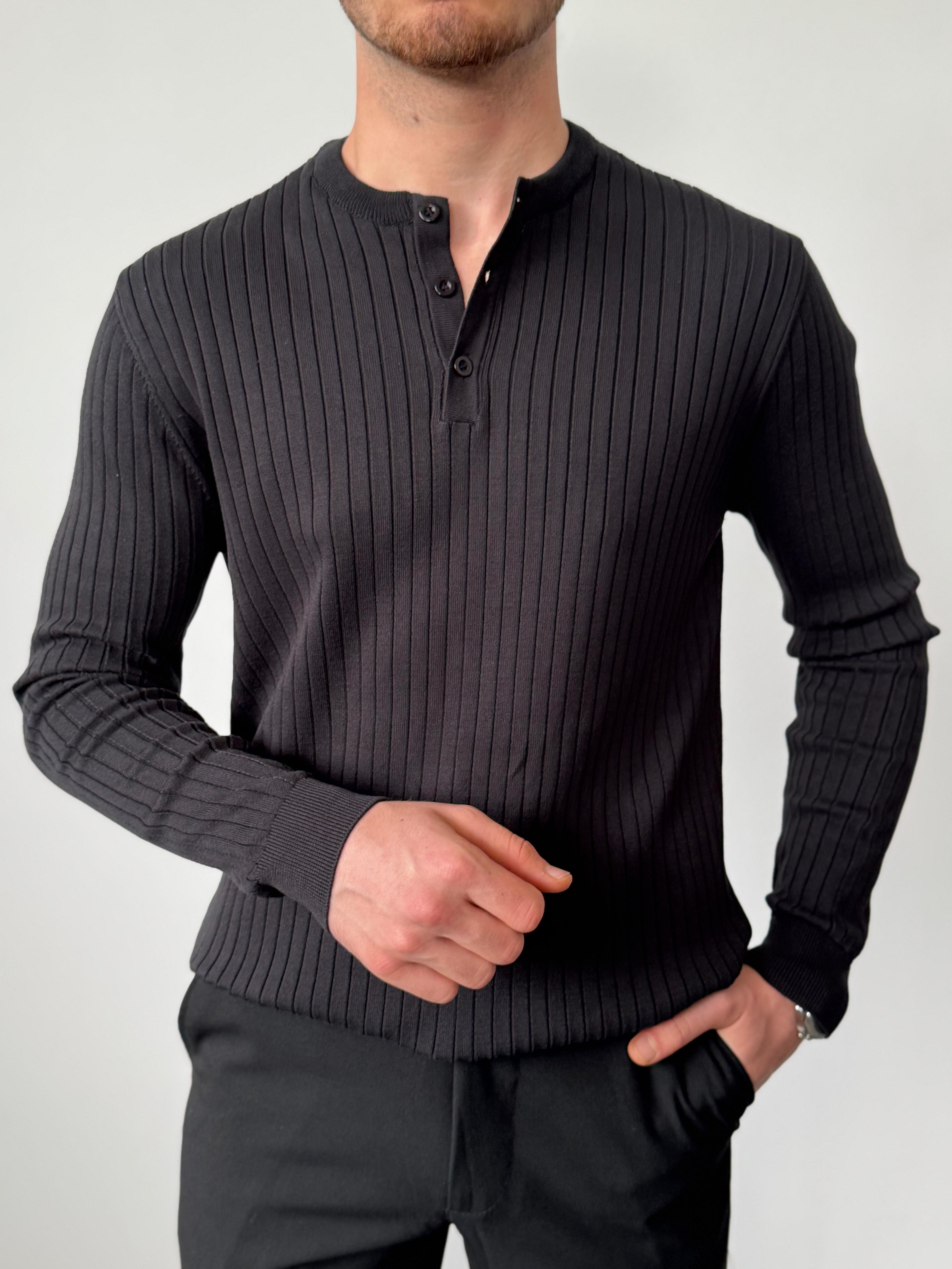 Üst Düzey Kumaş Kalitesi Çizgili Düğmeli Sweat - Siyah