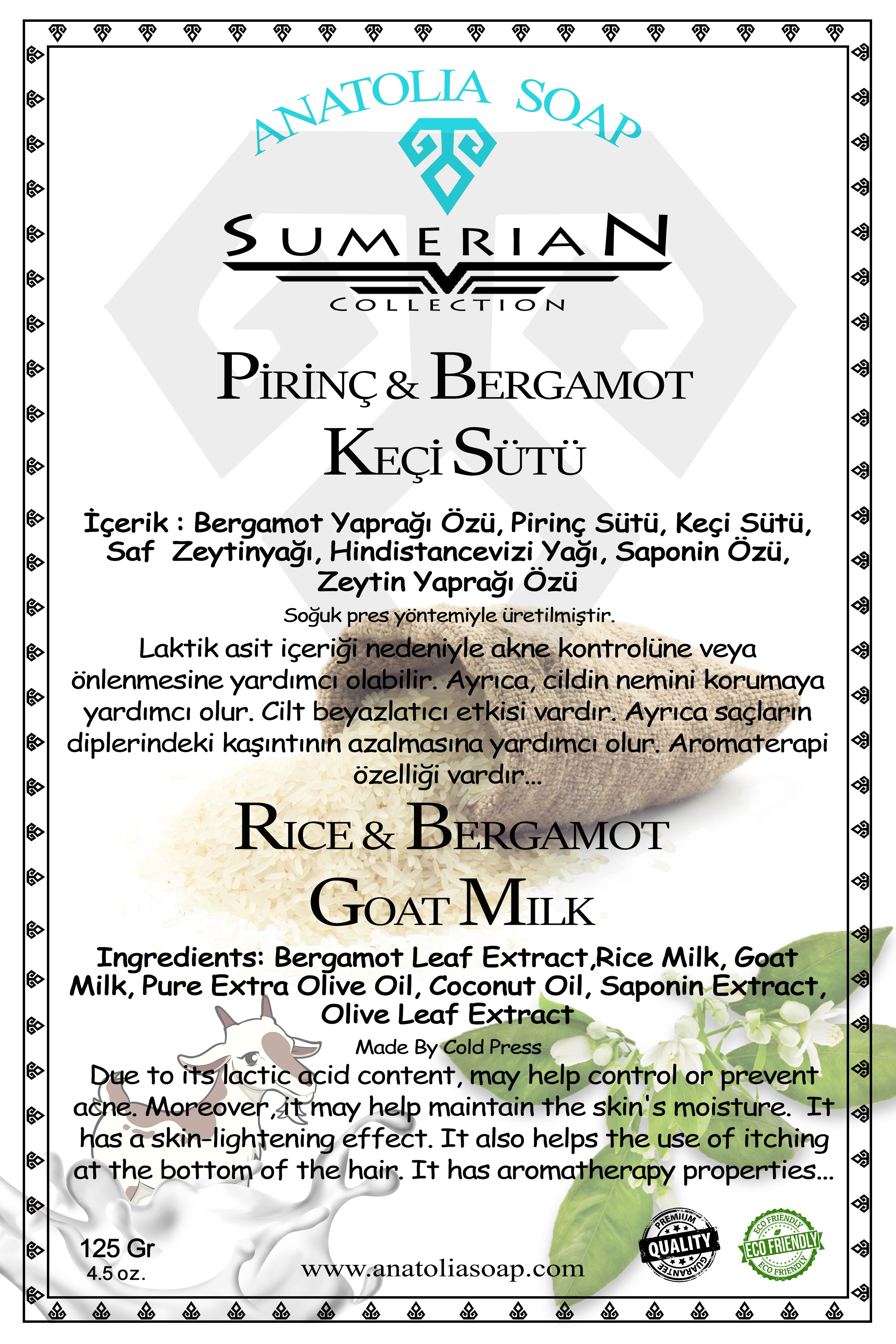 Sumerian Koleksiyonu Pirinç Keçi Sütü Bergamot Sabunu ile Cildinizi Beyazlatıp, Pürüzsüzleştirin.