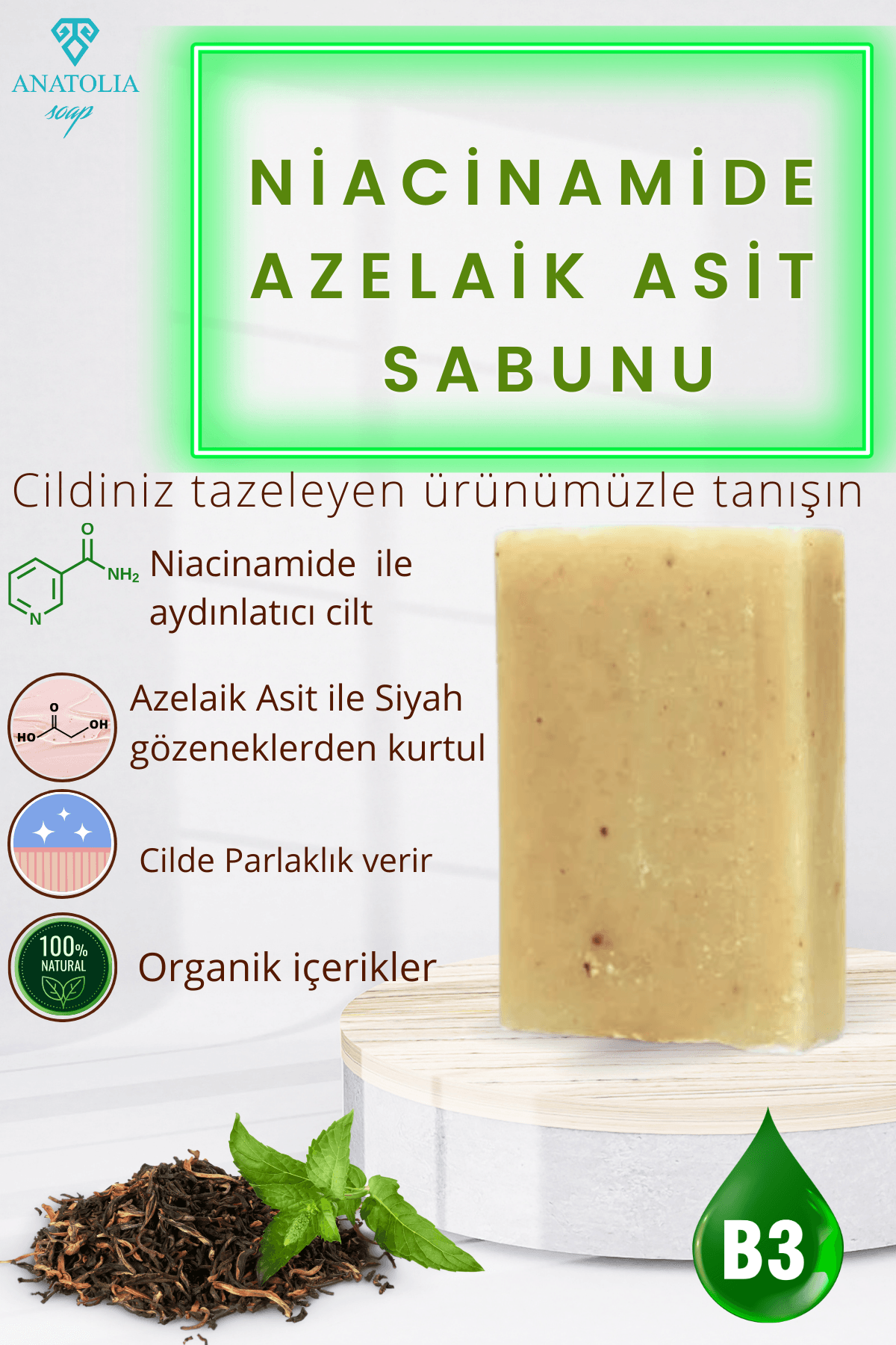 Niacinamide Azelaik Asit Cilt Aydınlatıcı Siyah Nokta Gözenek Sıkılaştırıcı Çay Ağacı Sabunu