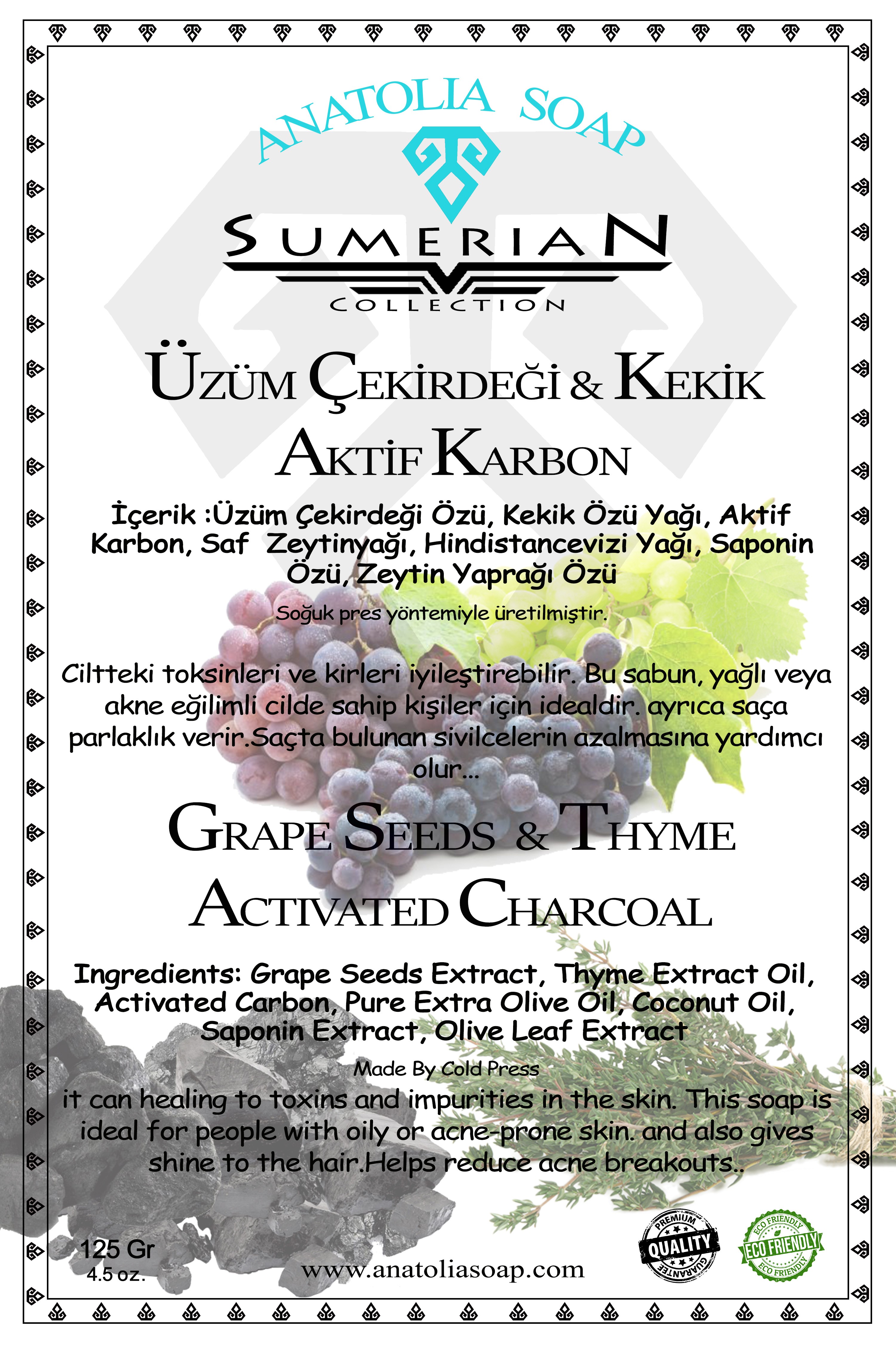 Get Rid of Toxins from the Skin with Sumerian Collection Activated Charcoal Thyme Grape Seed Soap.