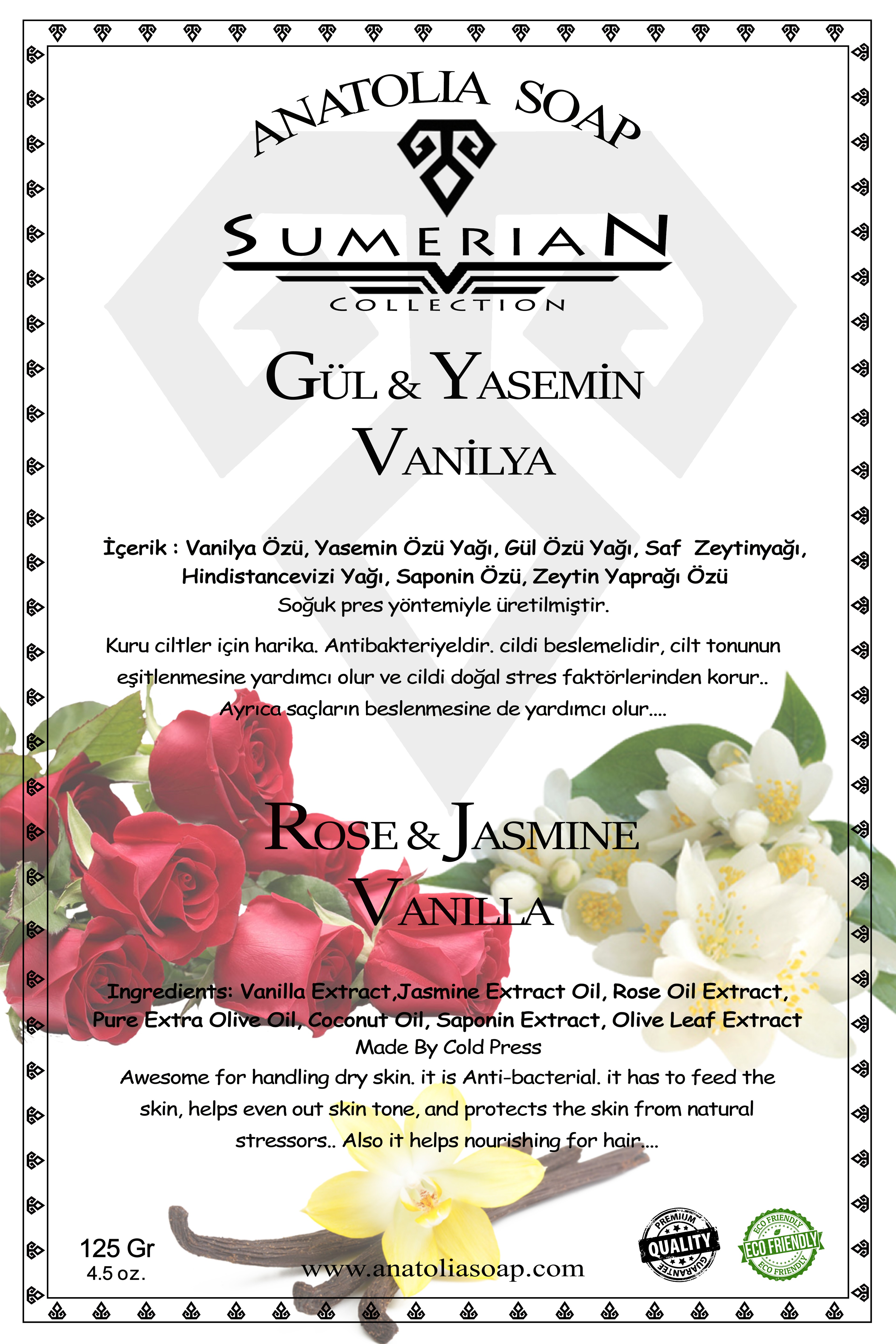 Sumerian Collection Rose Jasmine Vanilla Soap has Aromatherapy Features, is great for dry skin. It is a natural moisturizer.
